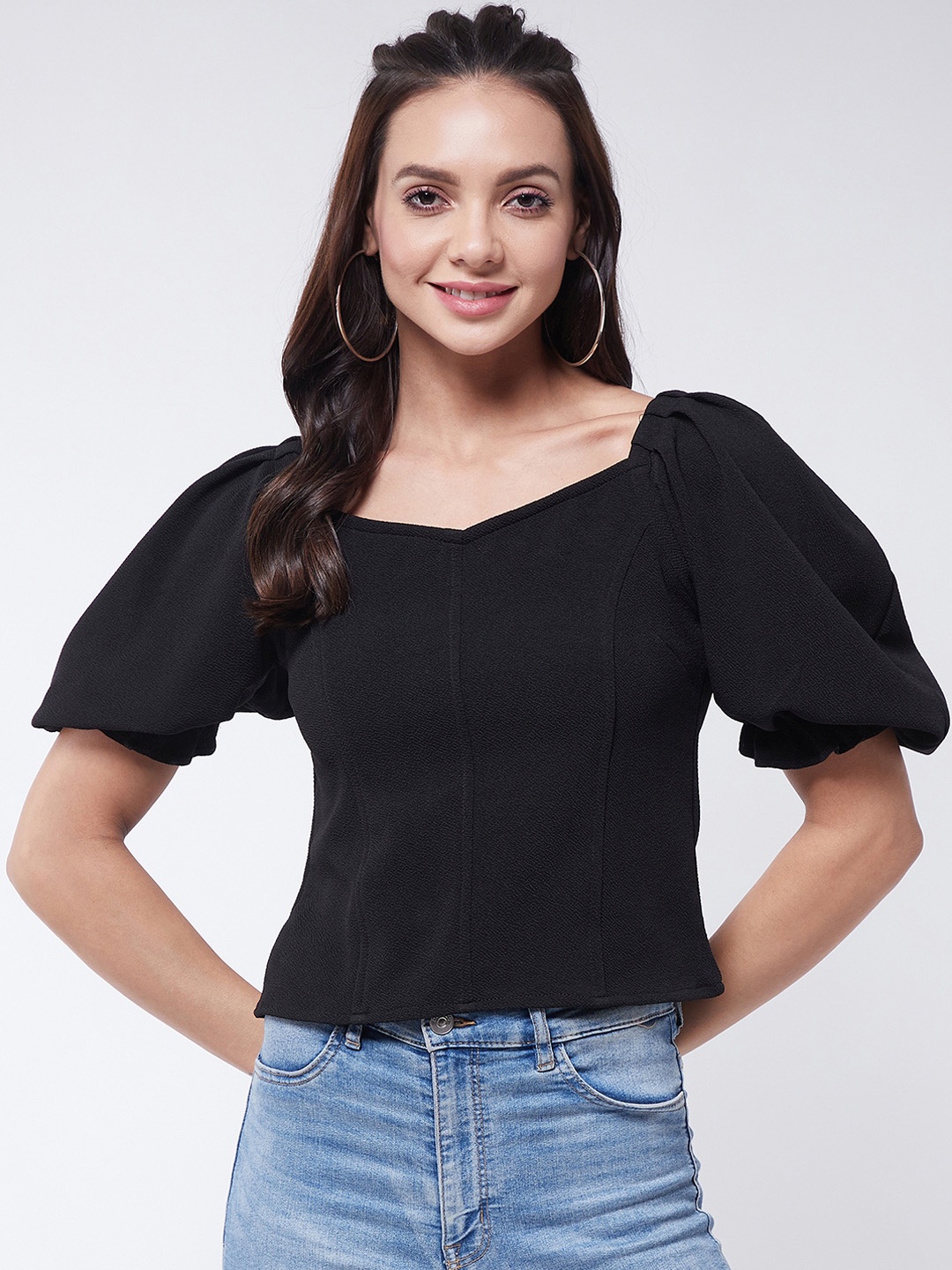 

Purple Feather Black Power Shoulders Top