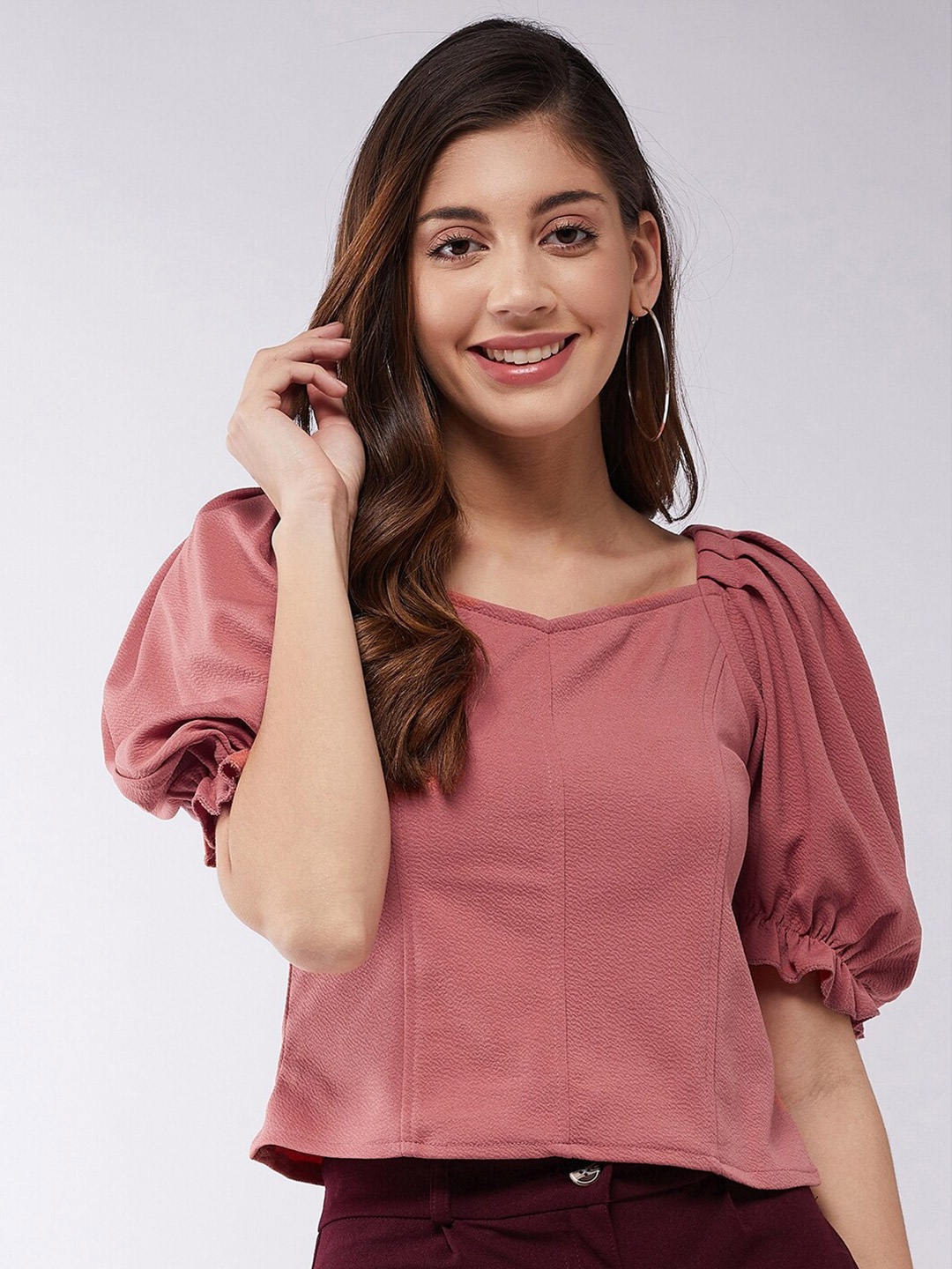 

Purple Feather Peach-Coloured Solid Power Shoulders Top