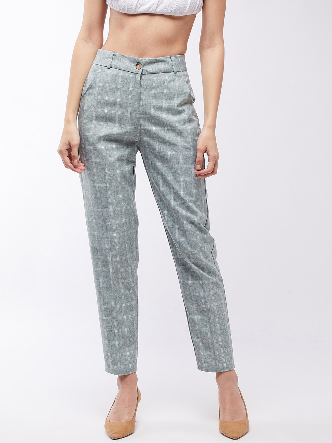 

Purple Feather Women Green Checked Tailored High-Rise Easy Wash Trousers