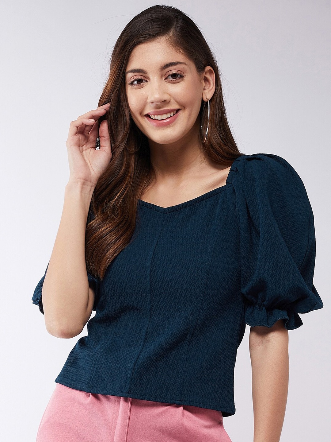 

Purple Feather Navy Blue Sweetheart Neck Top