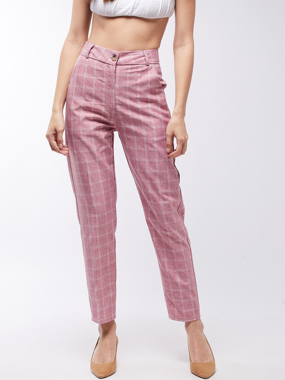 

Purple Feather Women Pink Checked Tailored High-Rise Trousers