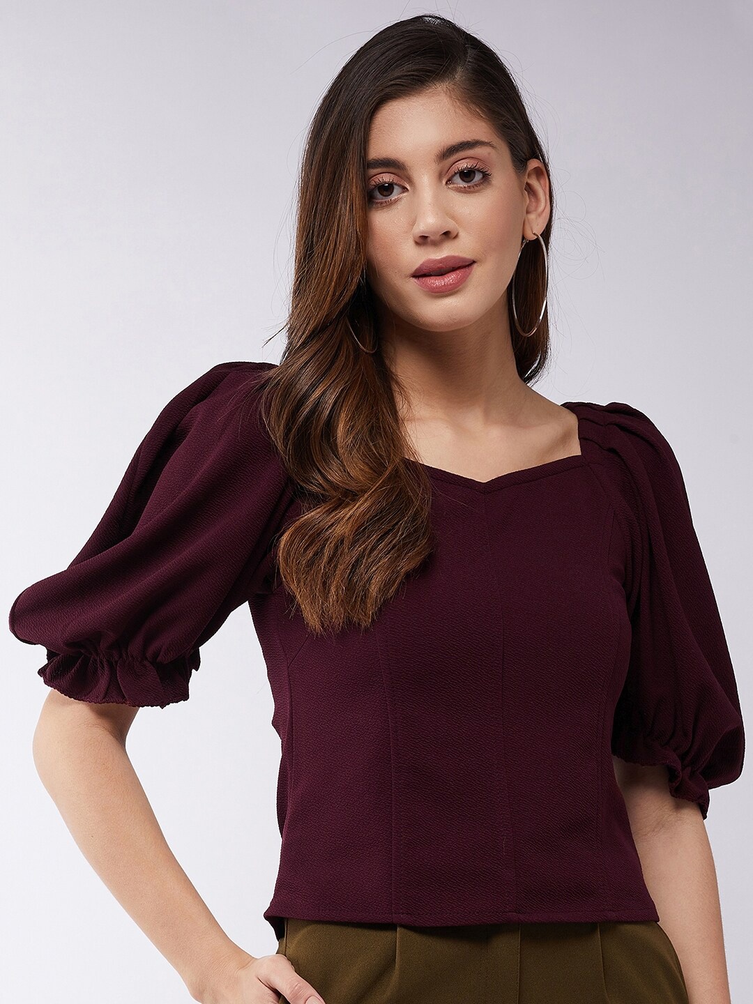 

Purple Feather Burgundy Sweetheart Neck Top
