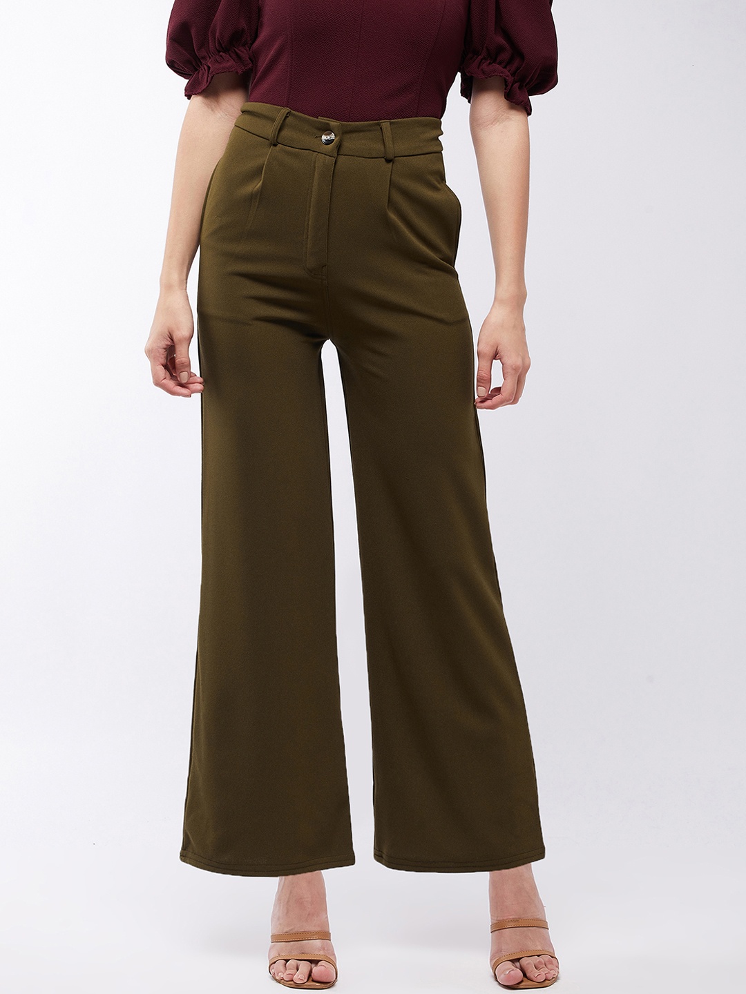 

Purple Feather Women Olive Green Solid Smart Flared High-Rise Pleated Trousers