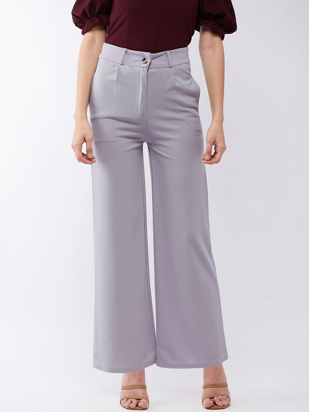 

Purple Feather Women Grey Smart Flared High-Rise Easy Wash Cropped Trousers