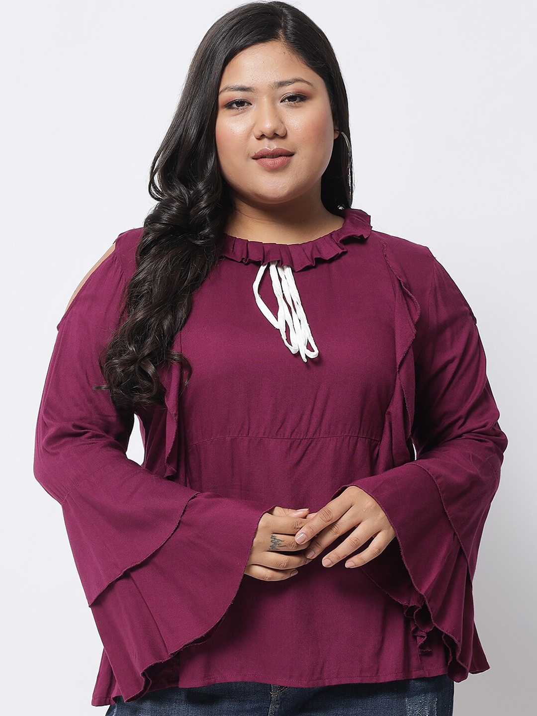 

BEYOUND SIZE - THE DRY STATE Plus Size Women Purple Tie-Up Neck Ruffles Top