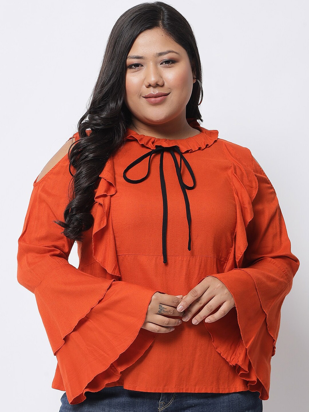 BEYOUND SIZE - THE DRY STATE Plus Size Rust Tie-Up Neck Ruffles Top