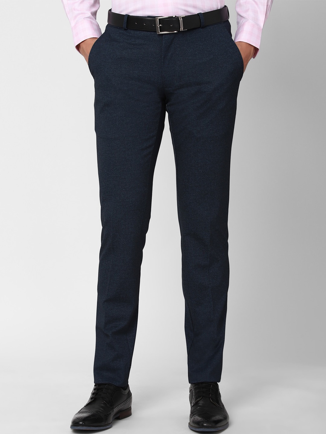 

Van Heusen Men Navy Blue Textured Slim Fit Formal Trousers