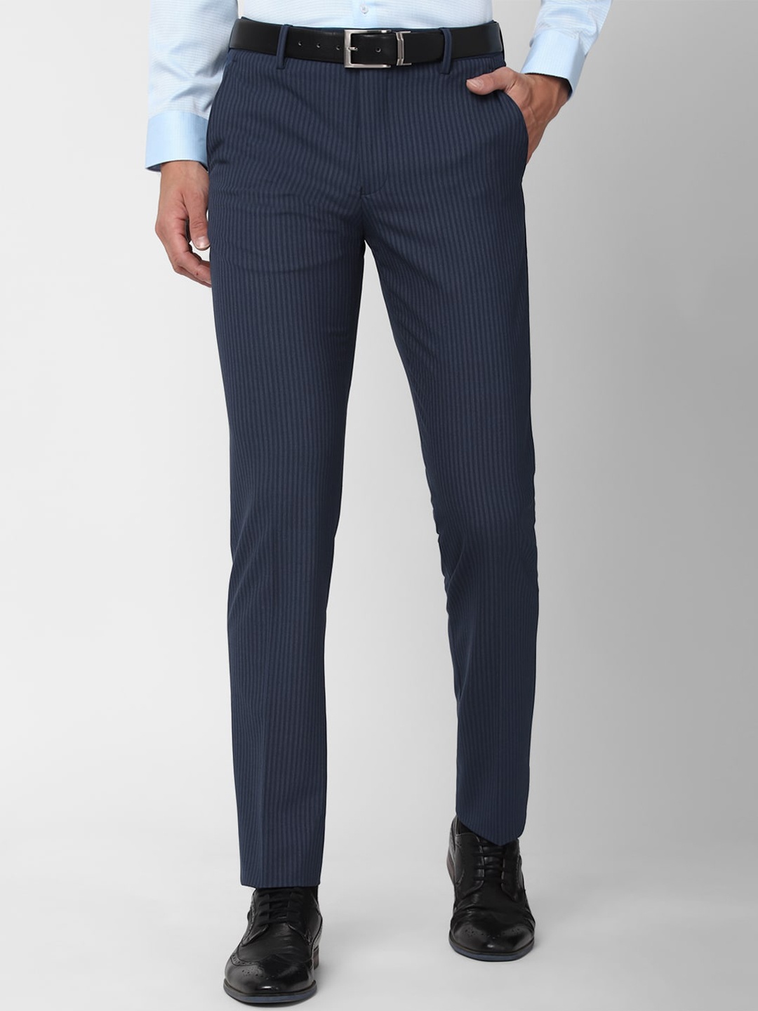 

Van Heusen Men Navy Blue Striped Slim Fit Formal Trousers