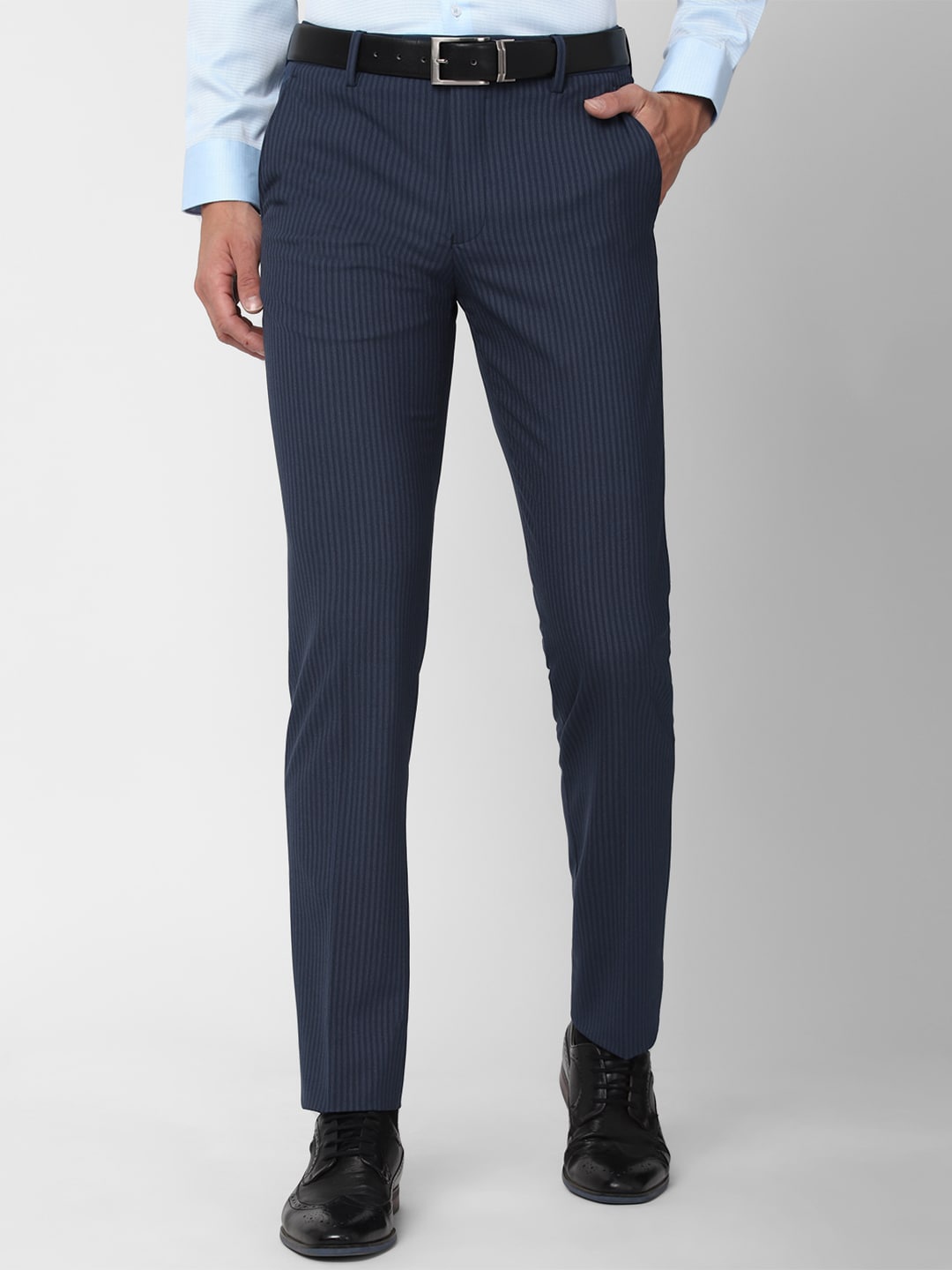

Van Heusen Men Navy Blue Striped Slim Fit Trousers