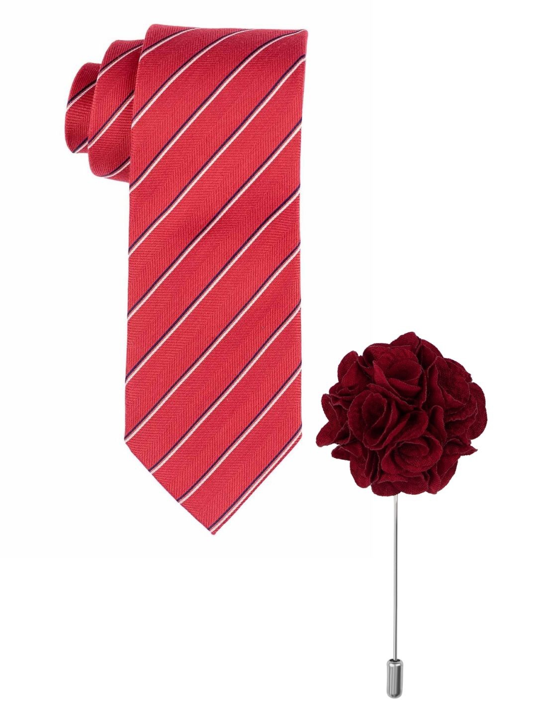 

The Tie Hub Men Red & Maroon Striped Broad Tie With Lapel Pin