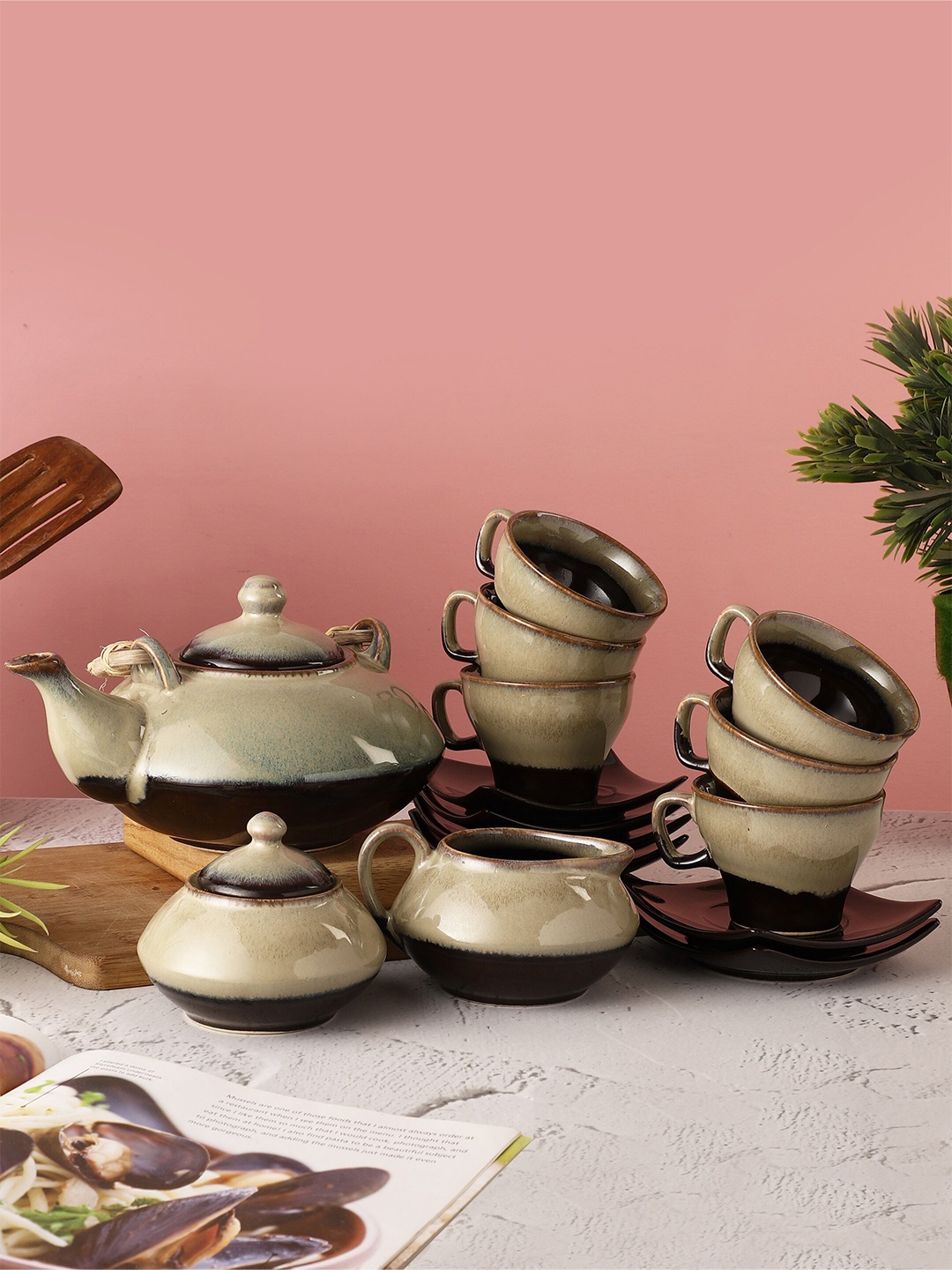 

MIAH Decor Grey & Brown Pack of 14 Textured Ceramic Glossy Kettle & Set of Cups and Mugs