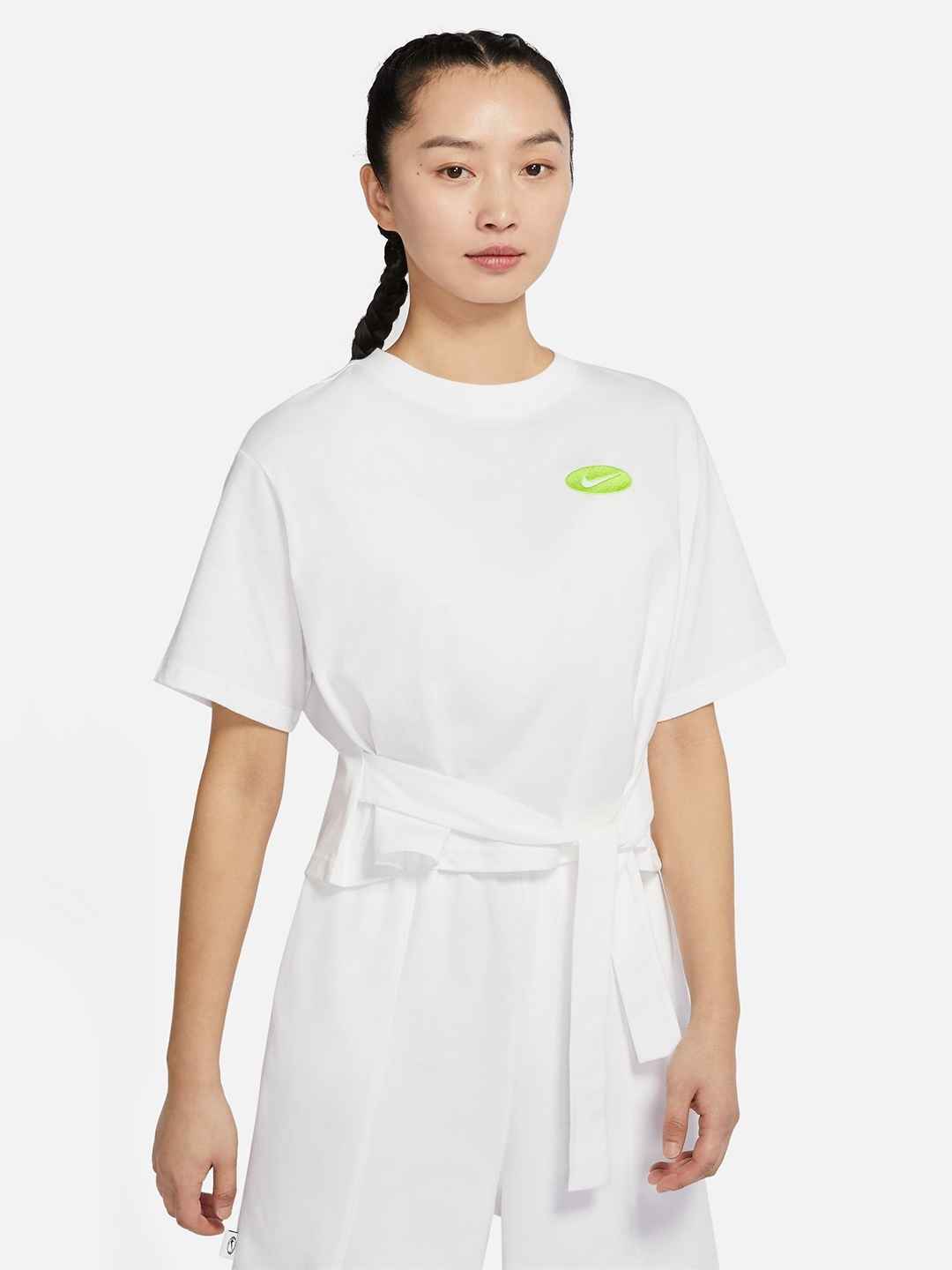 

Nike White Solid Boxy Pure Cotton Top With Tie-Up Detail