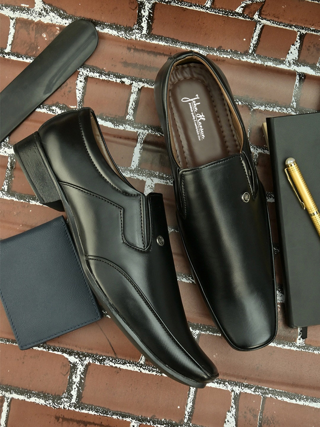 

John Karsun Men Black Solid Formal Slip-On Shoes