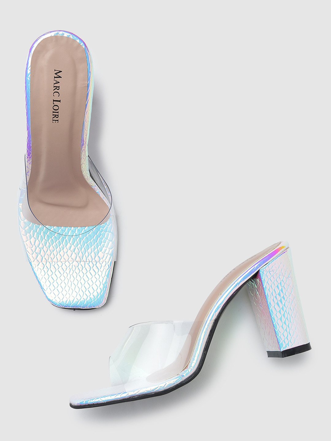 

Marc Loire Silver-Toned Embellished PU Block Sandals