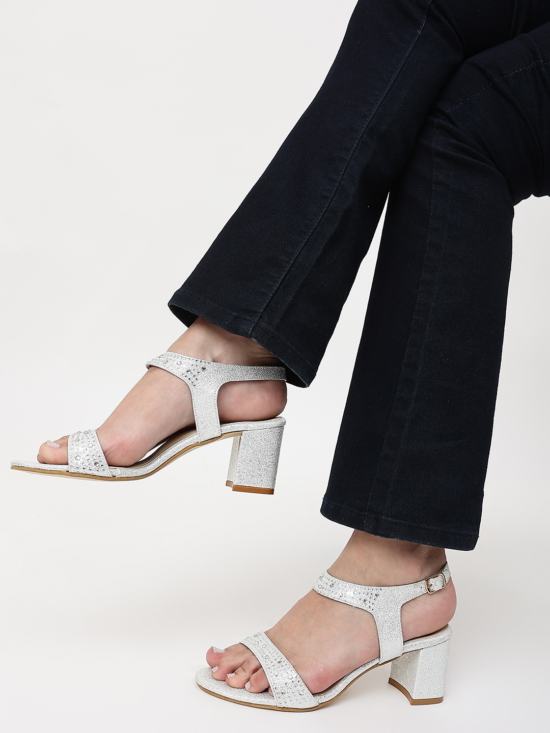 

Marc Loire Women Silver-Toned PU Party Embellieshed Block Sandals