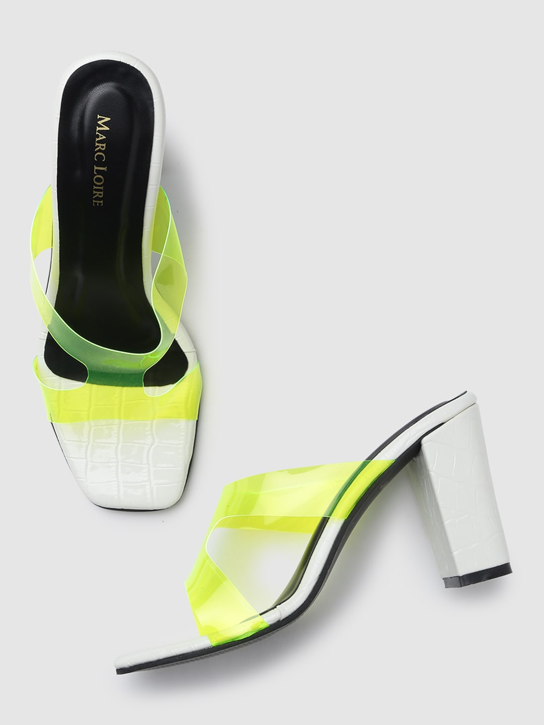 

Marc Loire White & Lime Green PU Block Sandals