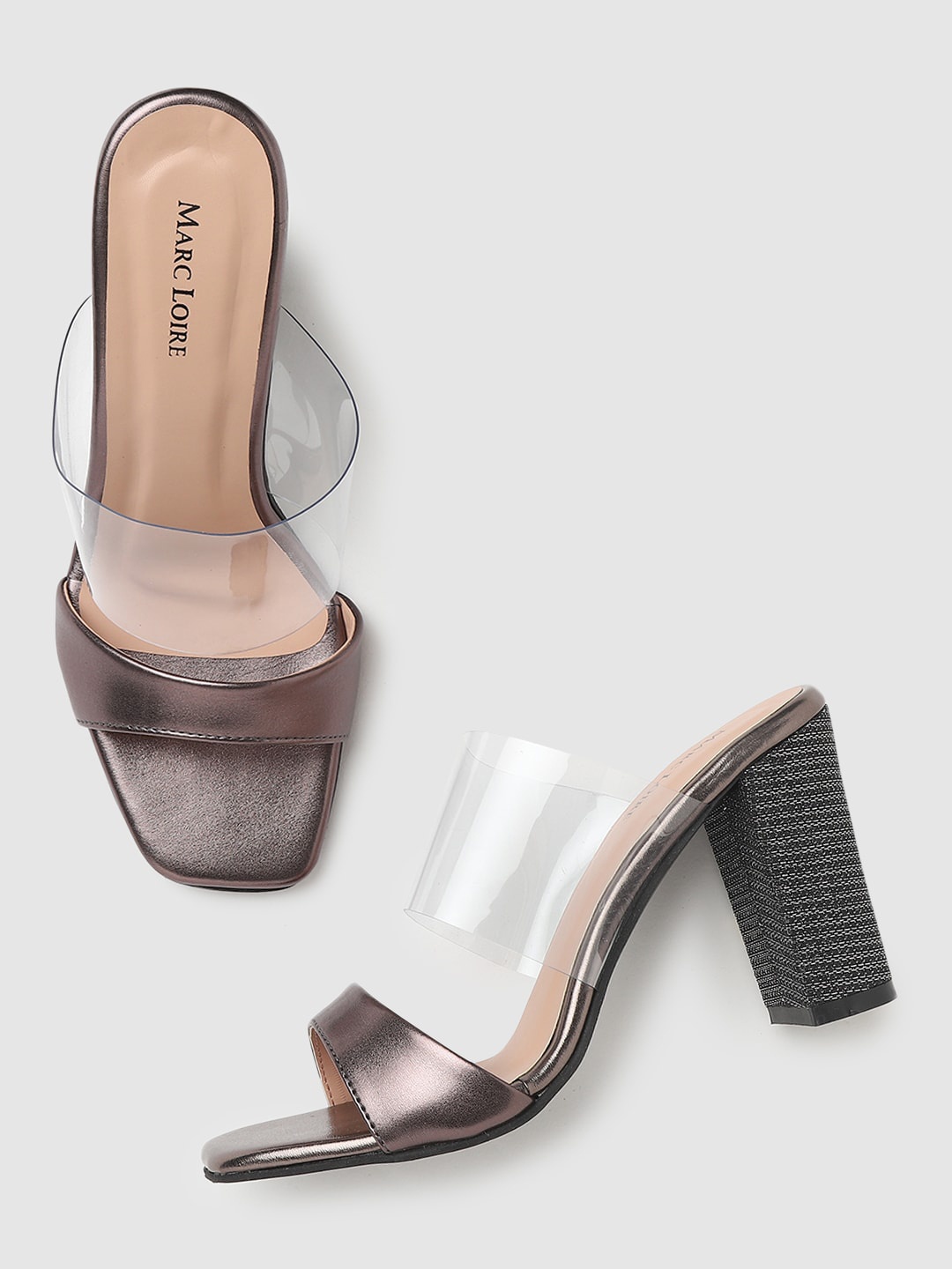 

Marc Loire Women Gunmetal-Toned Textured PU Block Sandals, Metallic