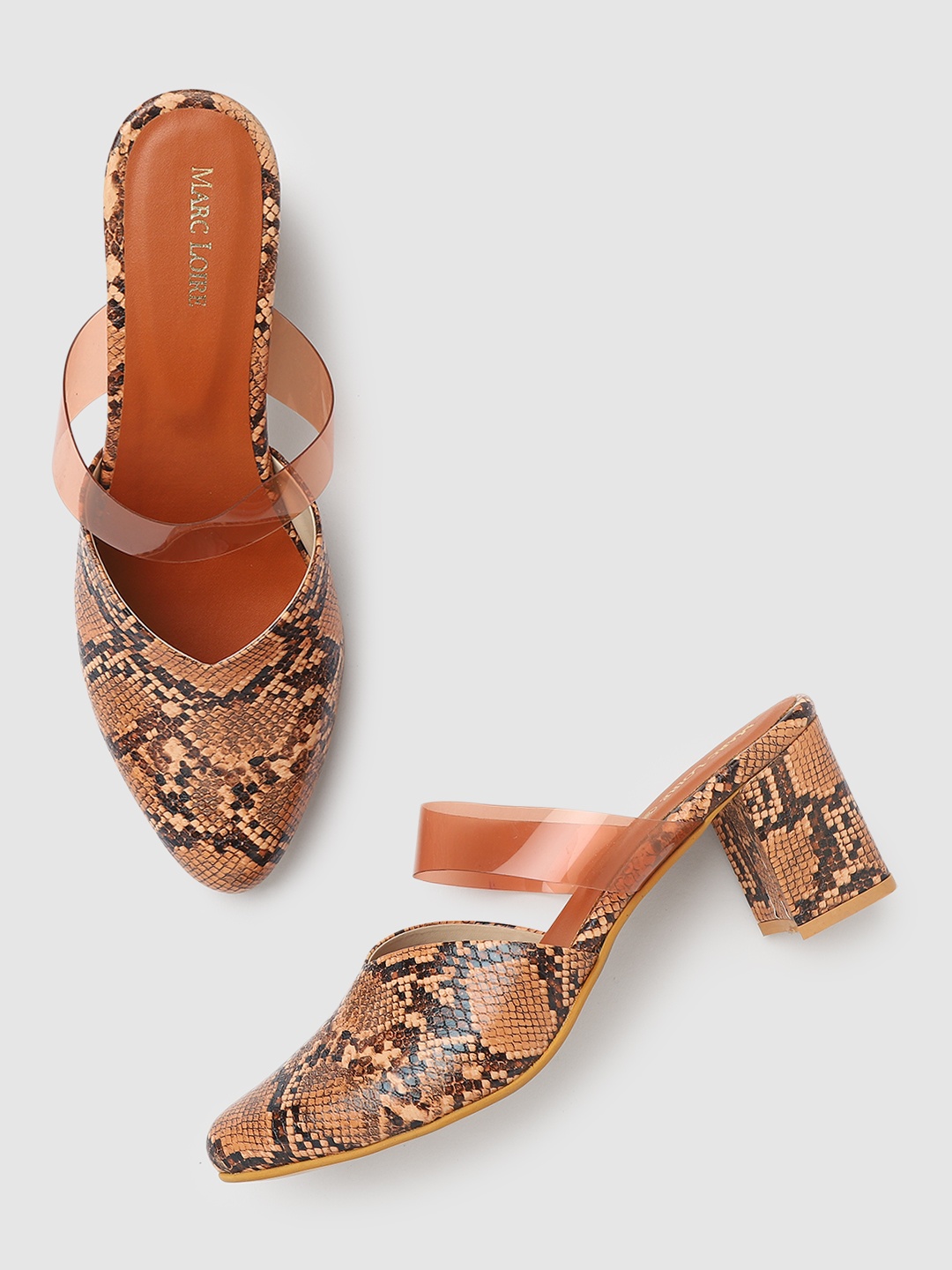 

Marc Loire Women Tan Snake Print PU Block Mules