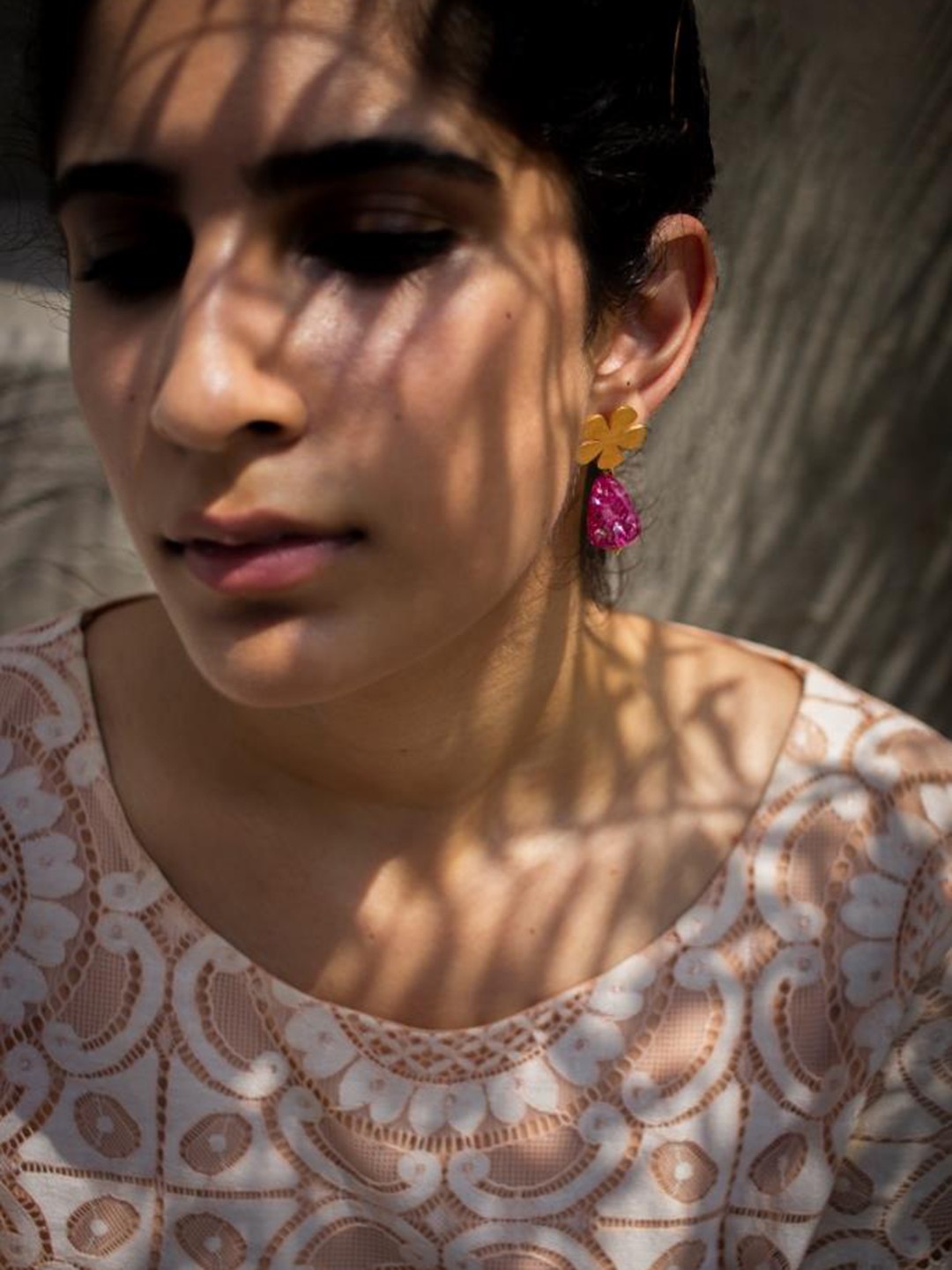

Mitali Jain Pink Gold-Plated Glass Stone Floral Drop Earrings
