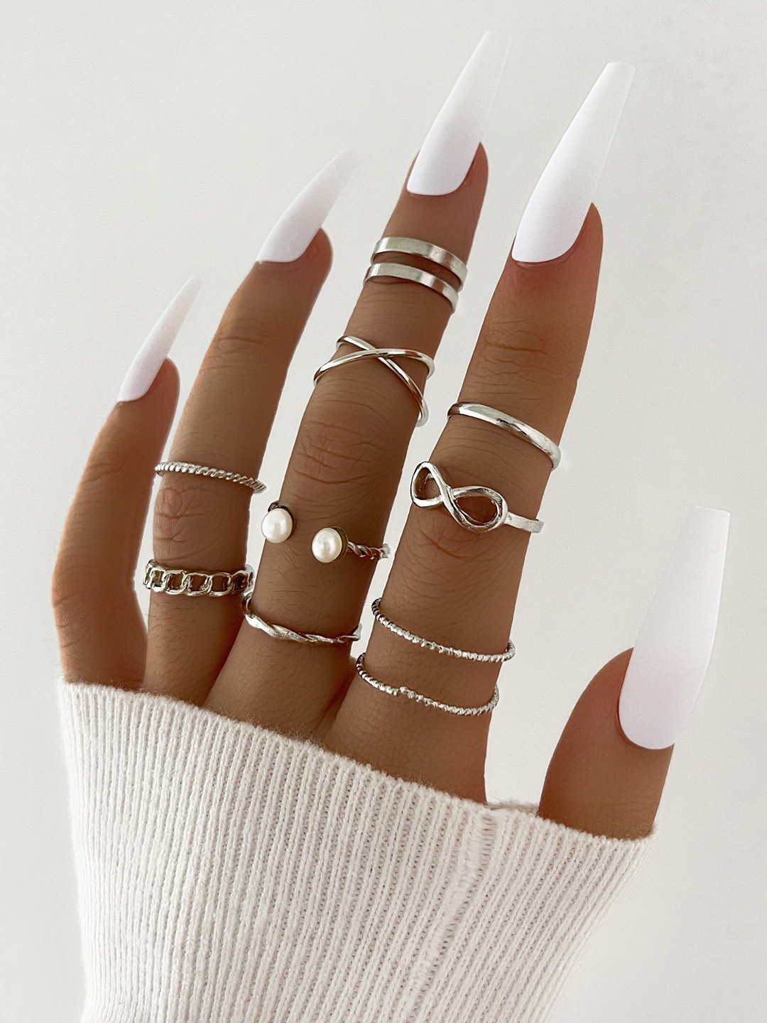 

Shining Diva Fashion Set Of 9 Silver-Plated Rings