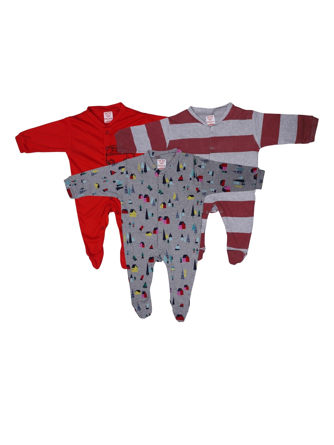 

RIKIDOOS Boys Pack Of 3 Cotton Rompers, Maroon
