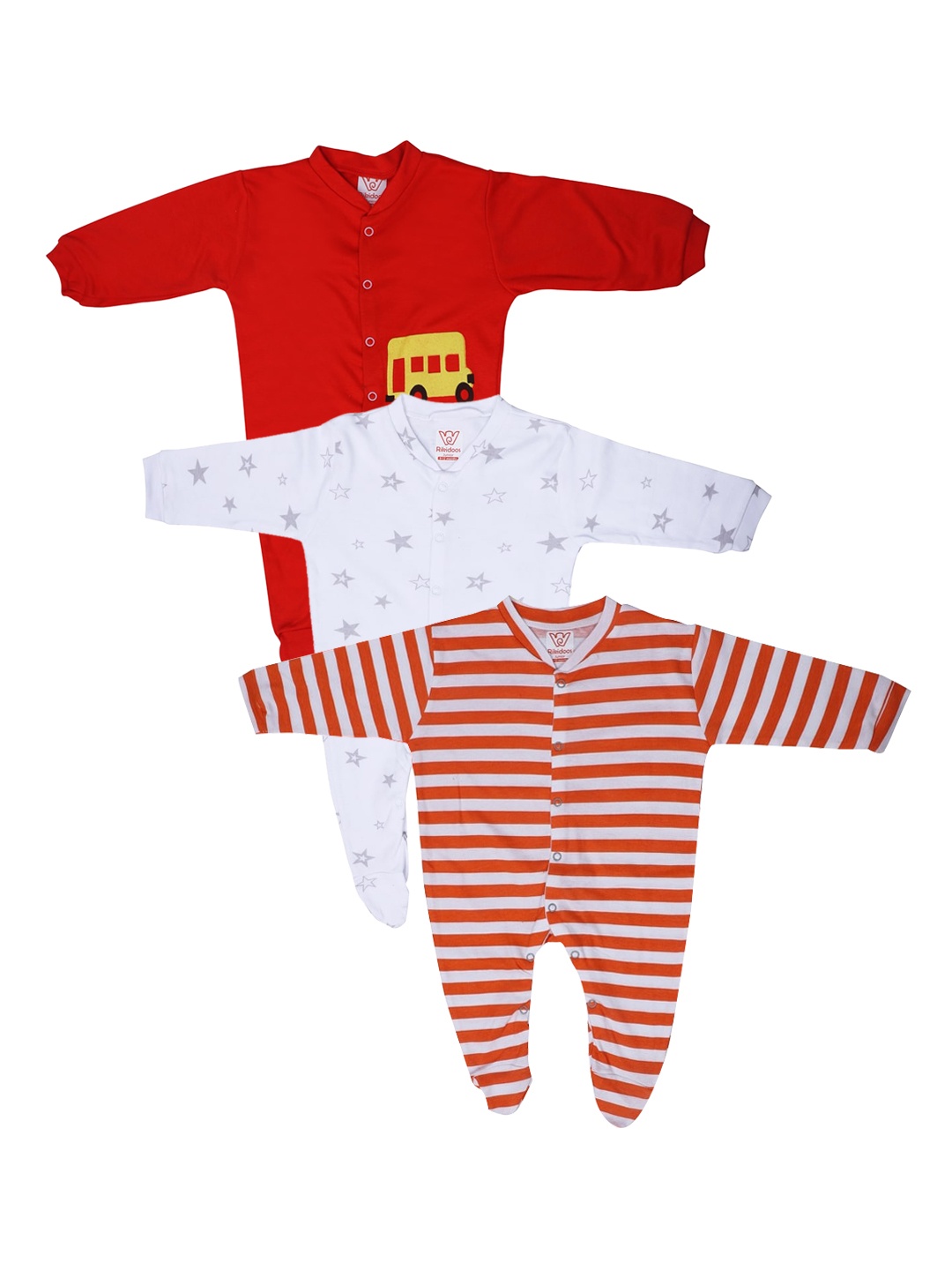 

RIKIDOOS Boys Pack of 3 Multicoloured Printed Rompers, Multi
