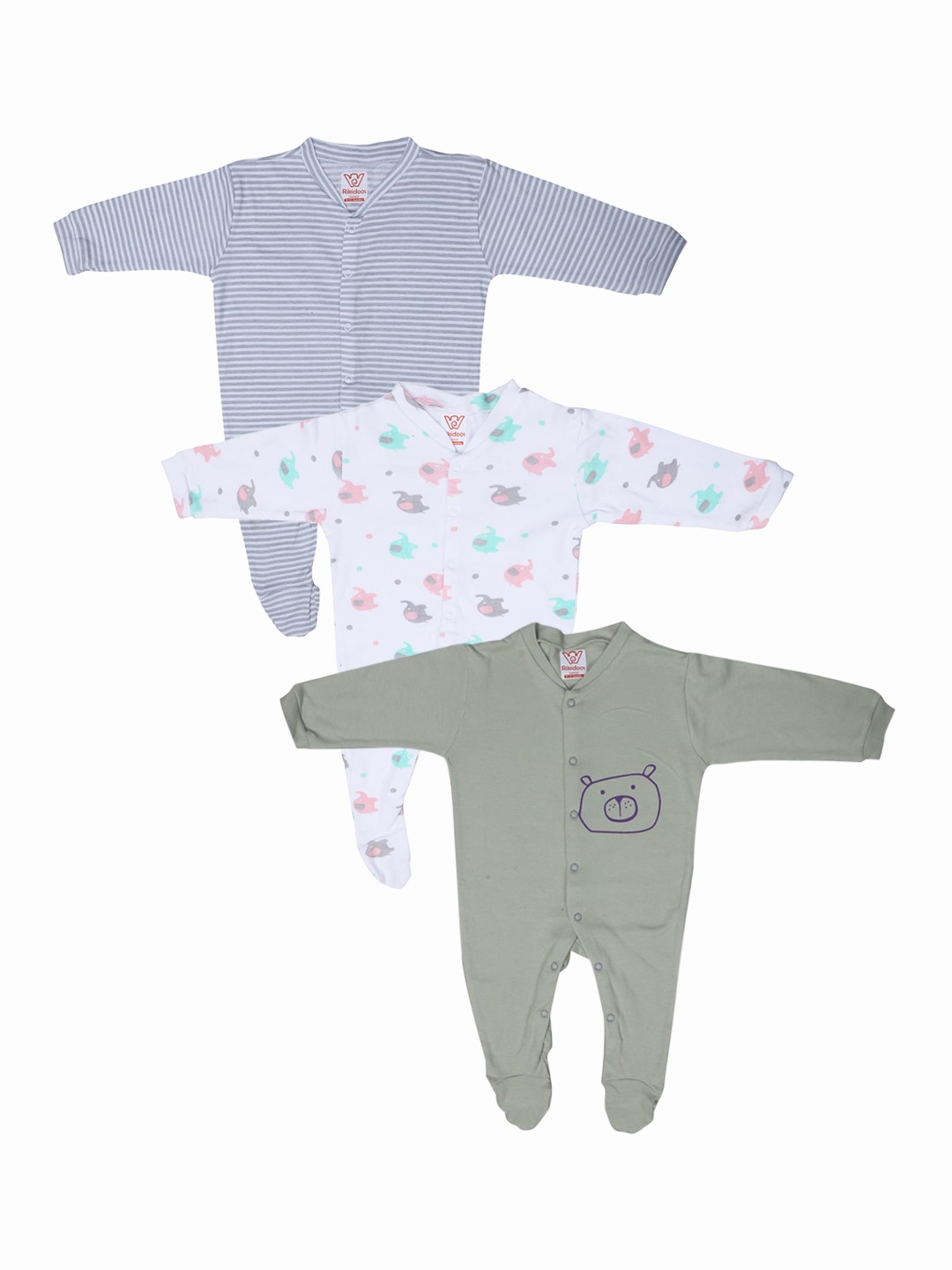 

RIKIDOOS Boys Pack of 3 Blue & White Cotton Sleepsuits