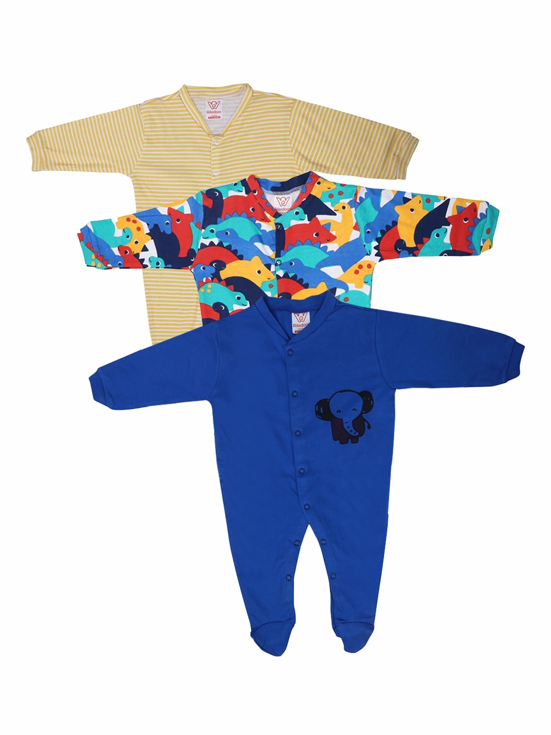 RIKIDOOS Boys Pack of 3 Printed Rompers, Blue