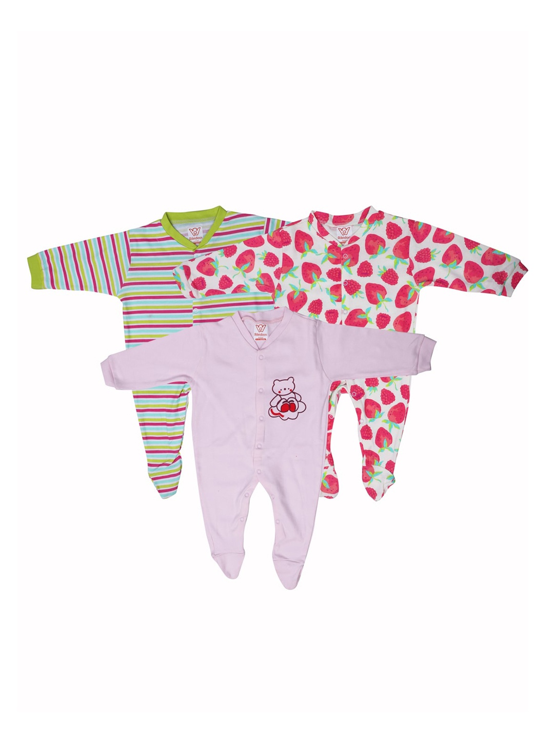 

RIKIDOOS Boys Pack of 3 Pink & Red Printed Cotton Sleepsuits