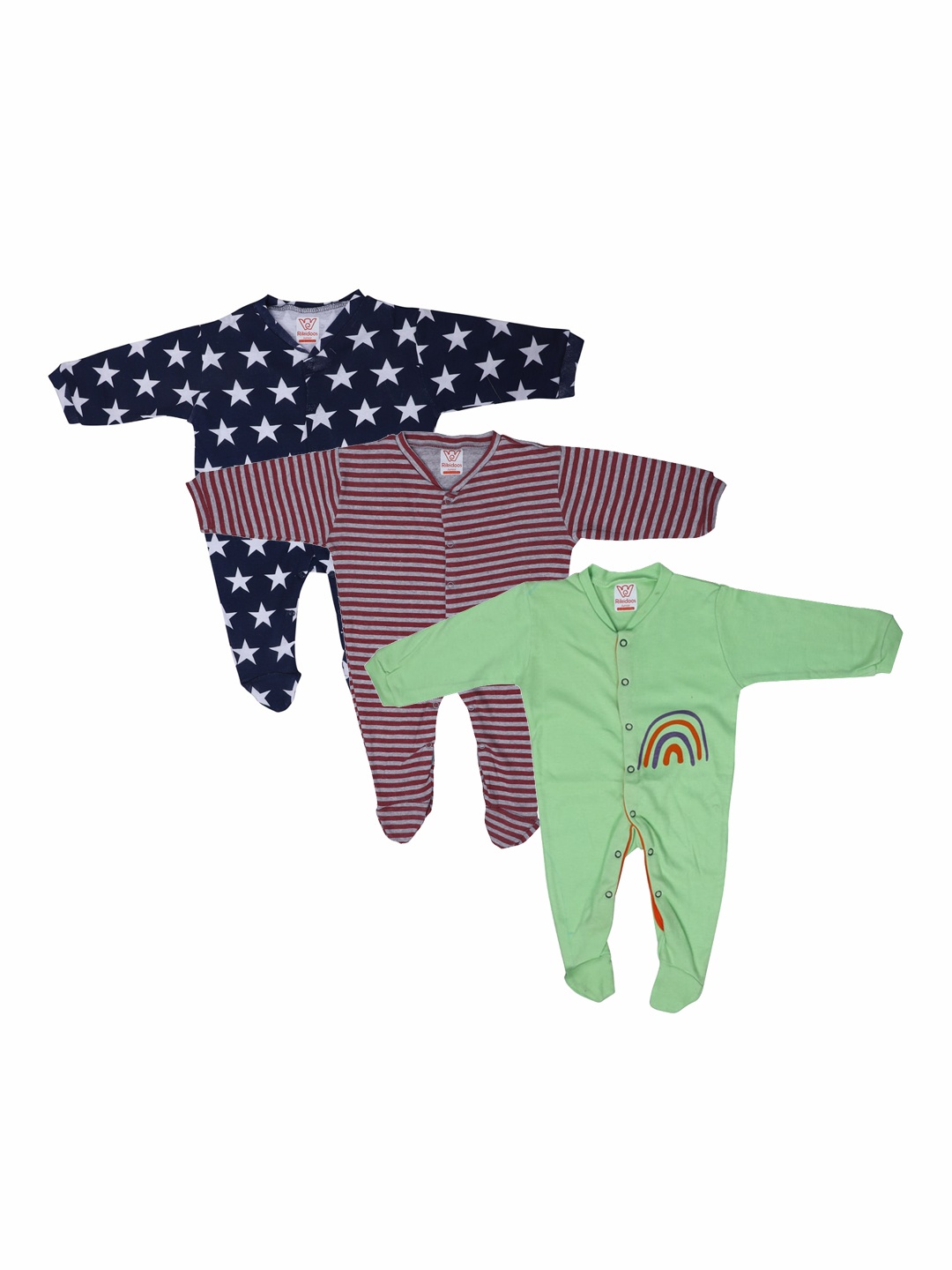 

RIKIDOOS Boys Set Of 3 Cotton Footed Rompers, Green