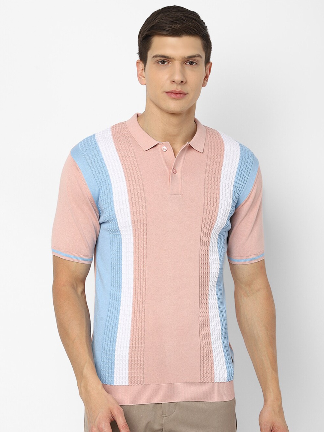 

Louis Philippe Sport Men Pink & Blue Colourblocked Pure Cotton Polo Collar T-shirt