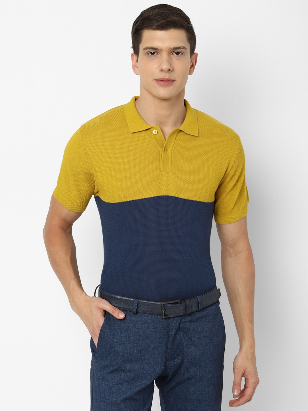 

Louis Philippe Sport Men Navy Blue & Yellow Colourblocked Polo Collar Pure Cotton T-shirt