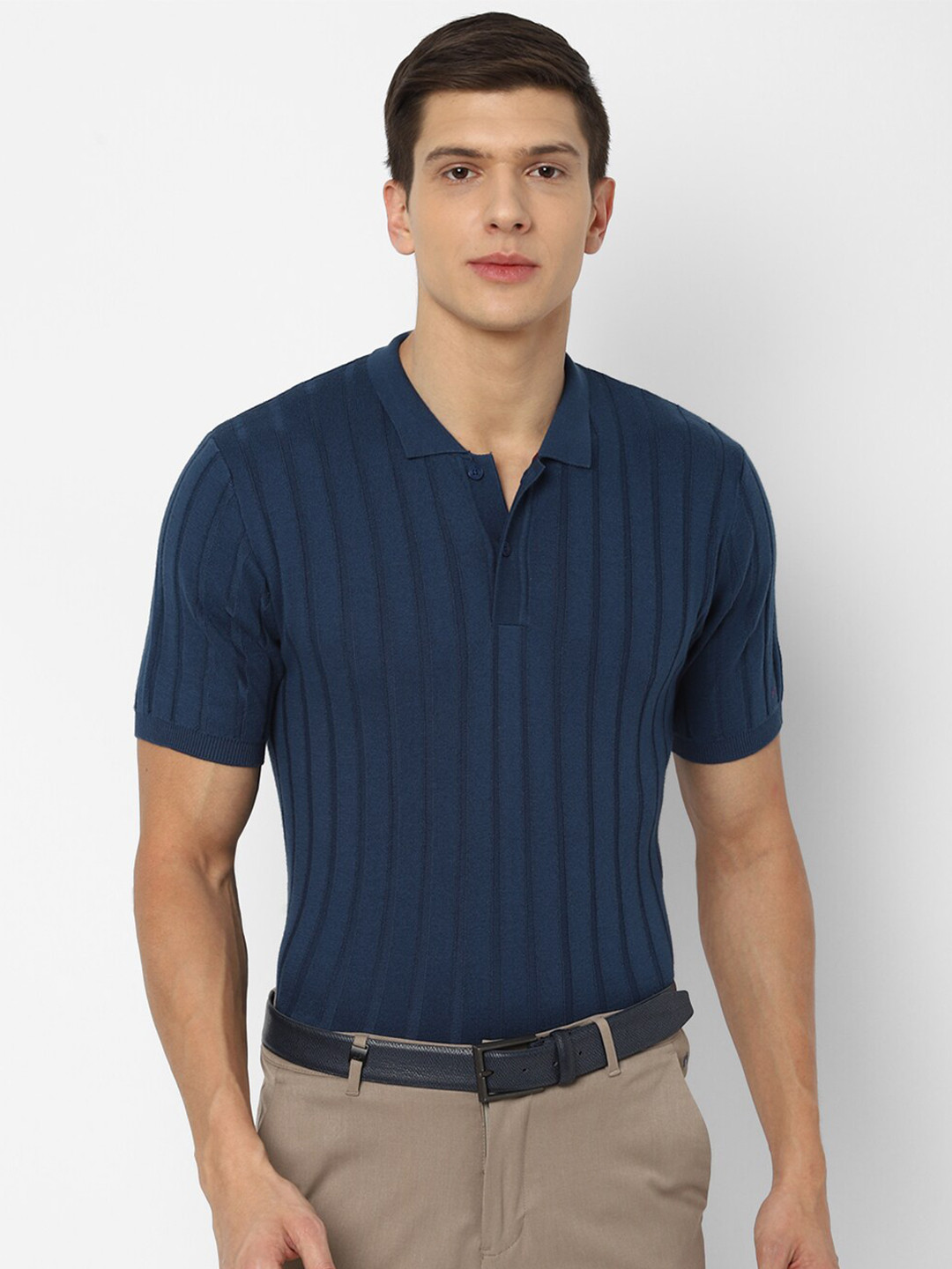

Louis Philippe Sport Men Navy Blue Striped Polo Collar Cotton T-shirt
