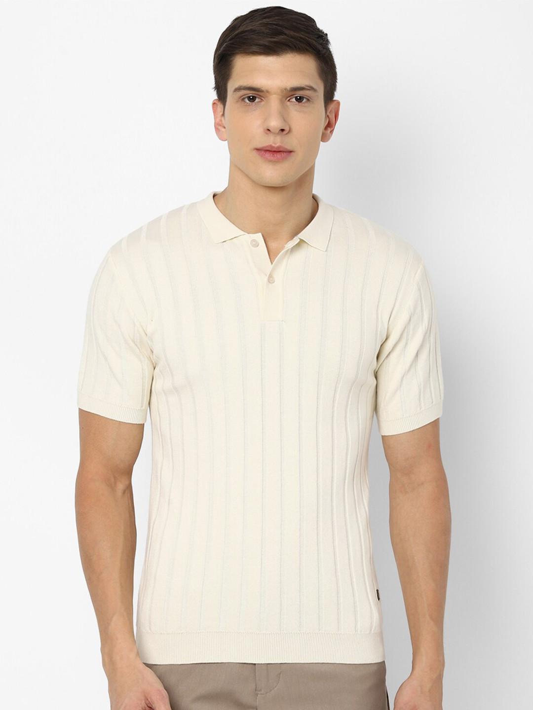 

Louis Philippe Sport Men Cream-Coloured Striped Polo Collar Pure Cotton T-shirt