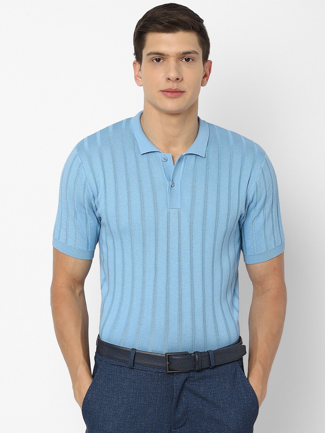 

Louis Philippe Sport Men Blue Striped Cotton Polo Collar T-shirt