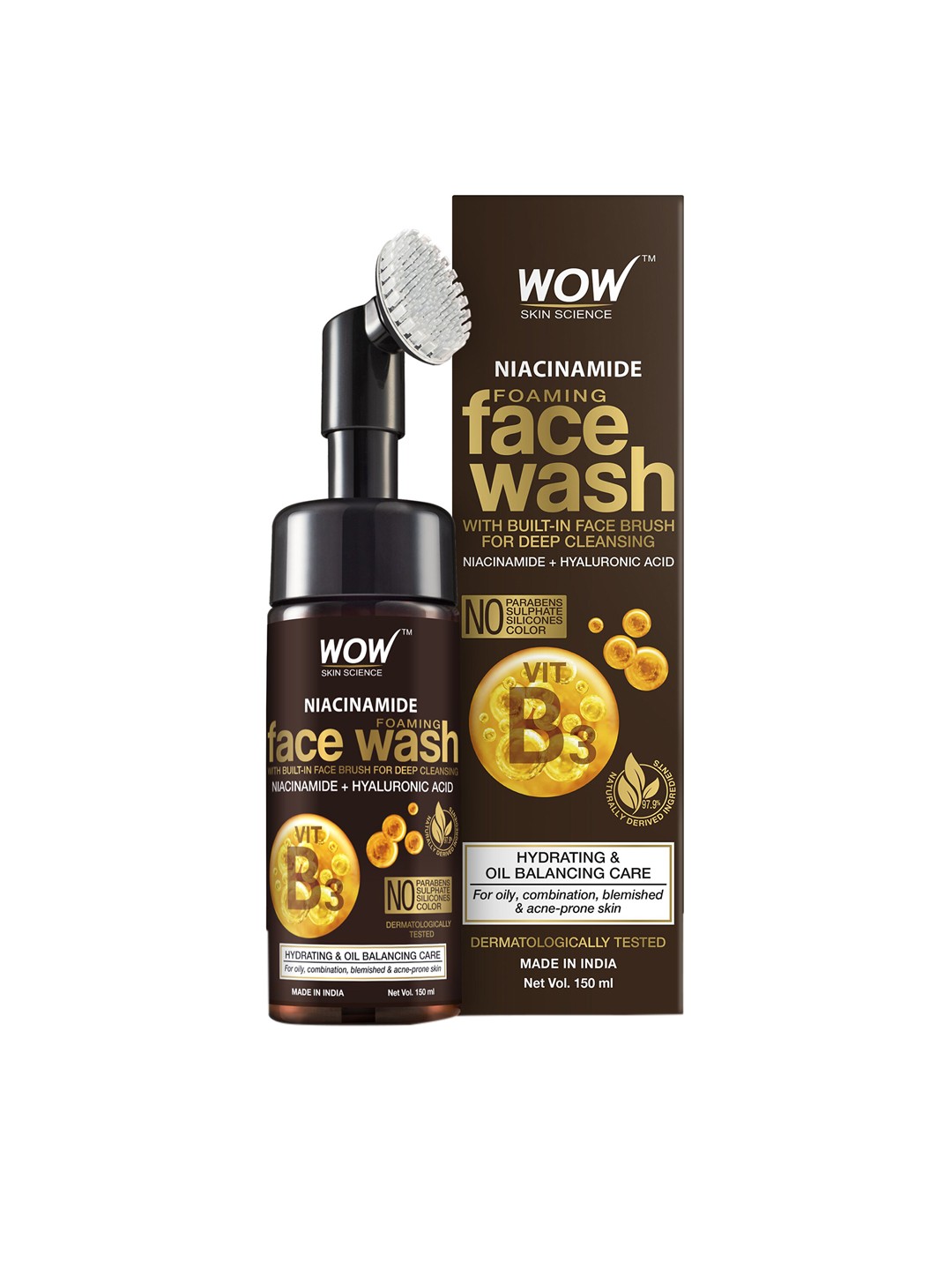 

WOW SKIN SCIENCE Niacinamide Foaming Face Wash with Built-In Brush - 150 ml, Brown