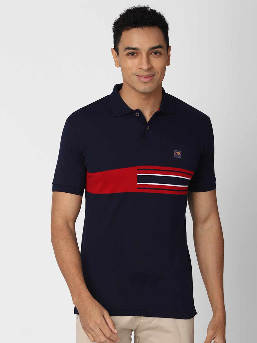 

Peter England Casuals Men Navy Blue Striped Polo Collar Slim Fit T-shirt