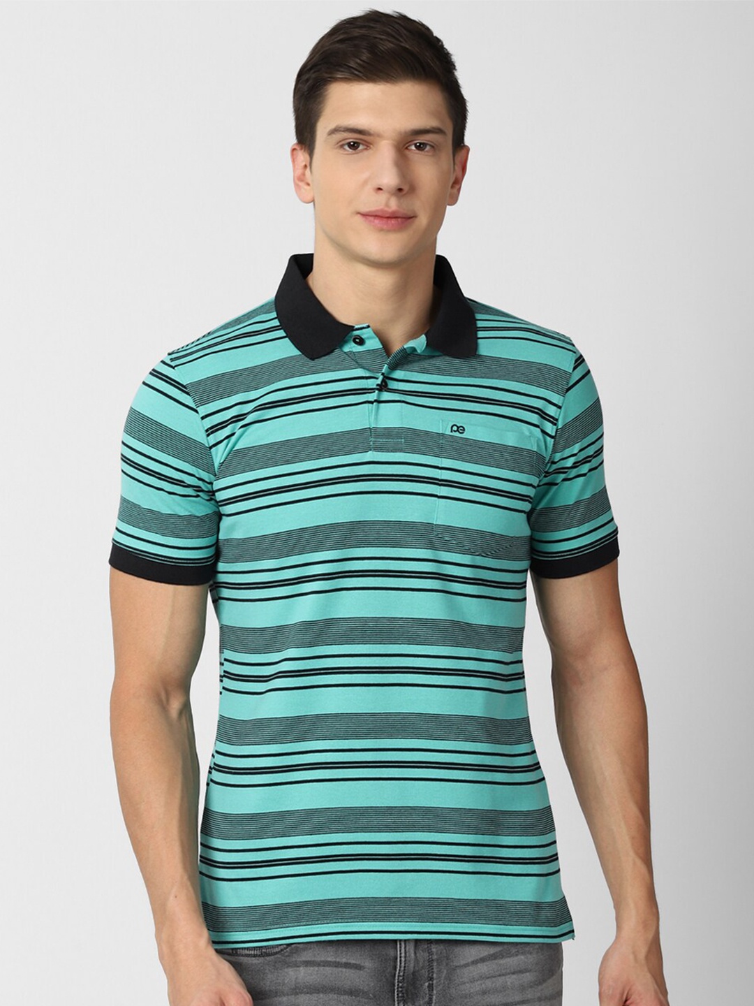 

Peter England Casuals Men Green Striped Polo Collar T-shirt