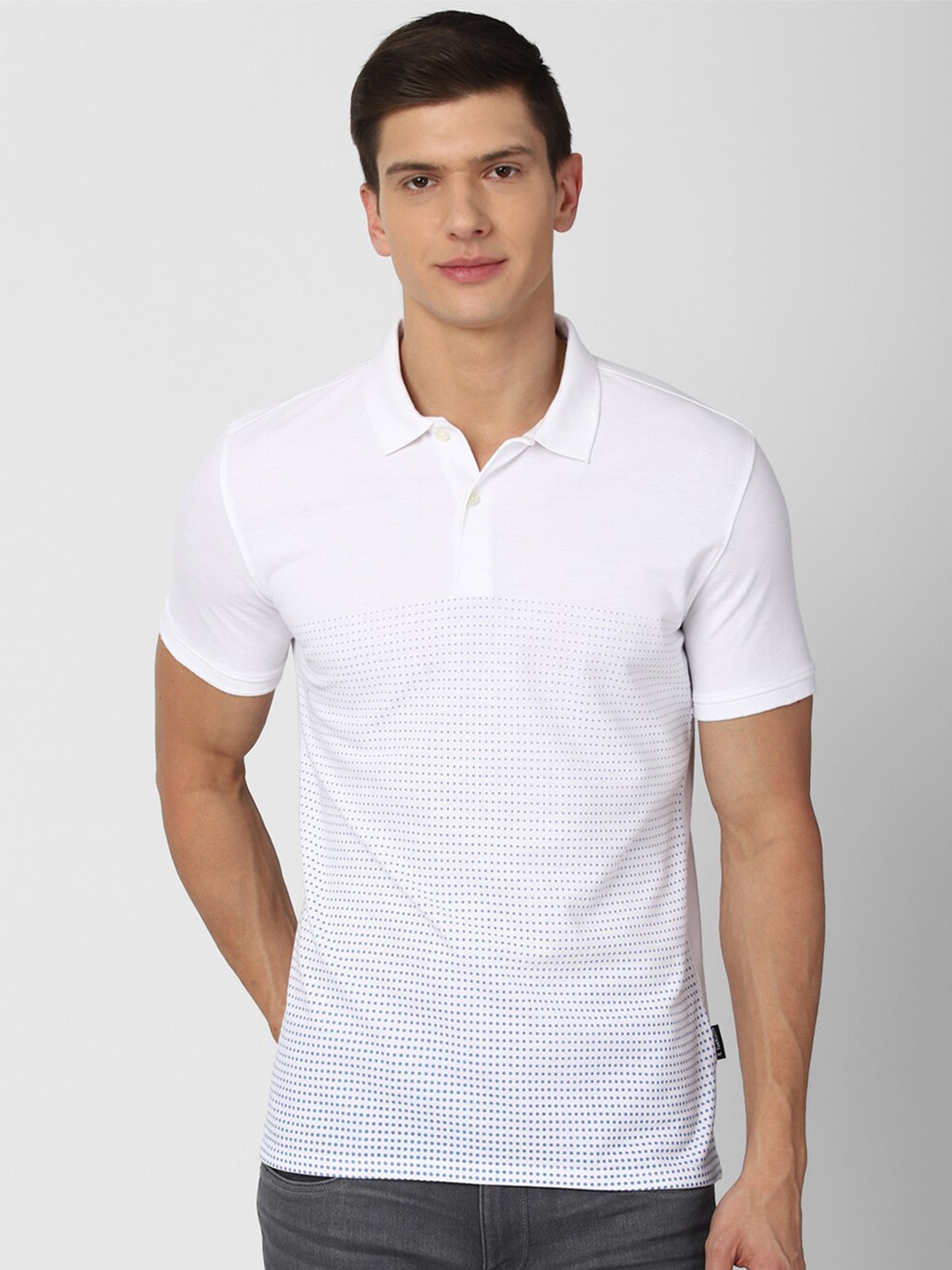 

V Dot Men White Checked Polo Collar Pure Cotton Slim Fit T-shirt