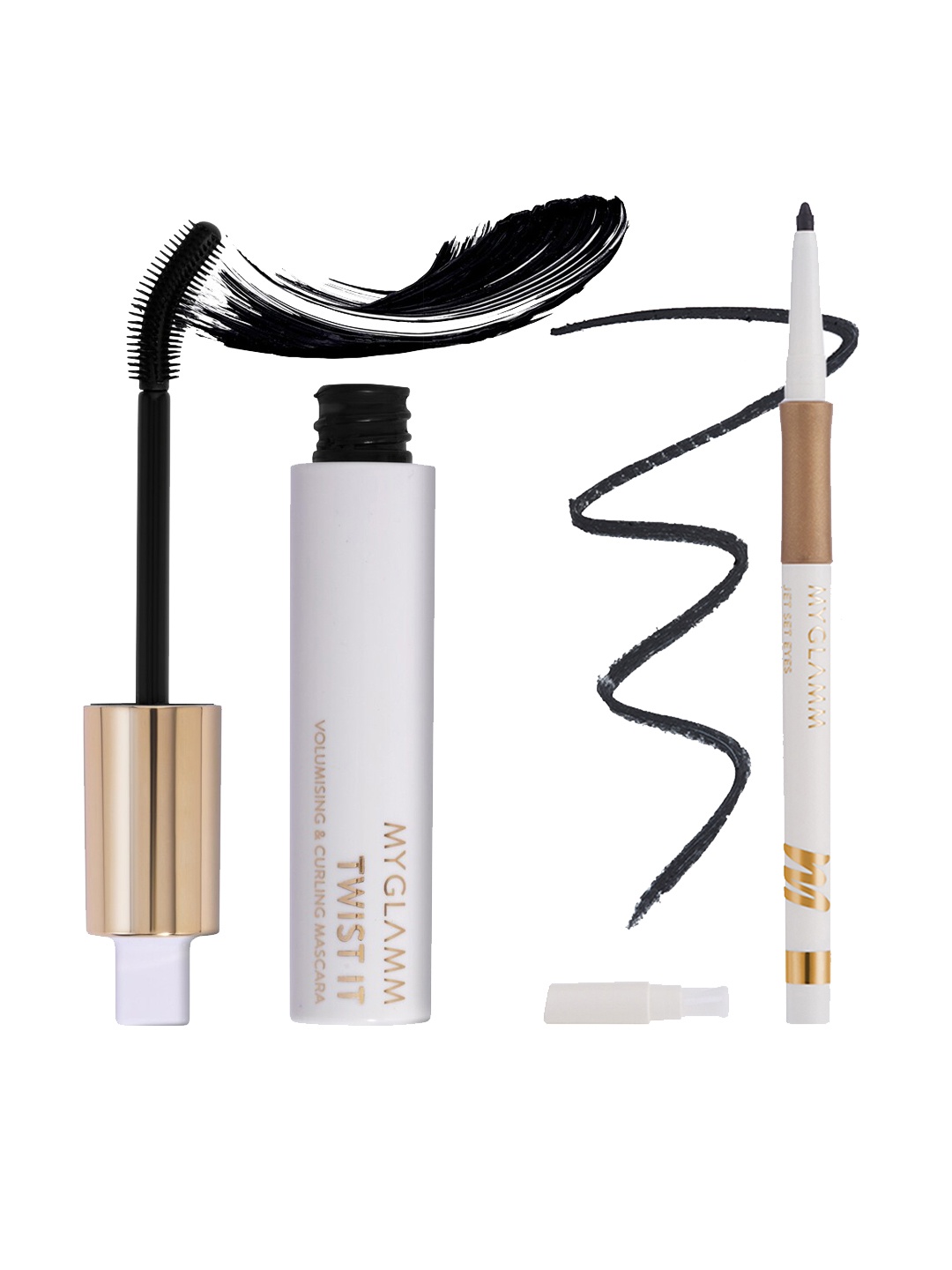 

MyGlamm Set of Twist It Up Mascara - Black & Jet Set Eyes Kajal & Eyeliner - Noir, White