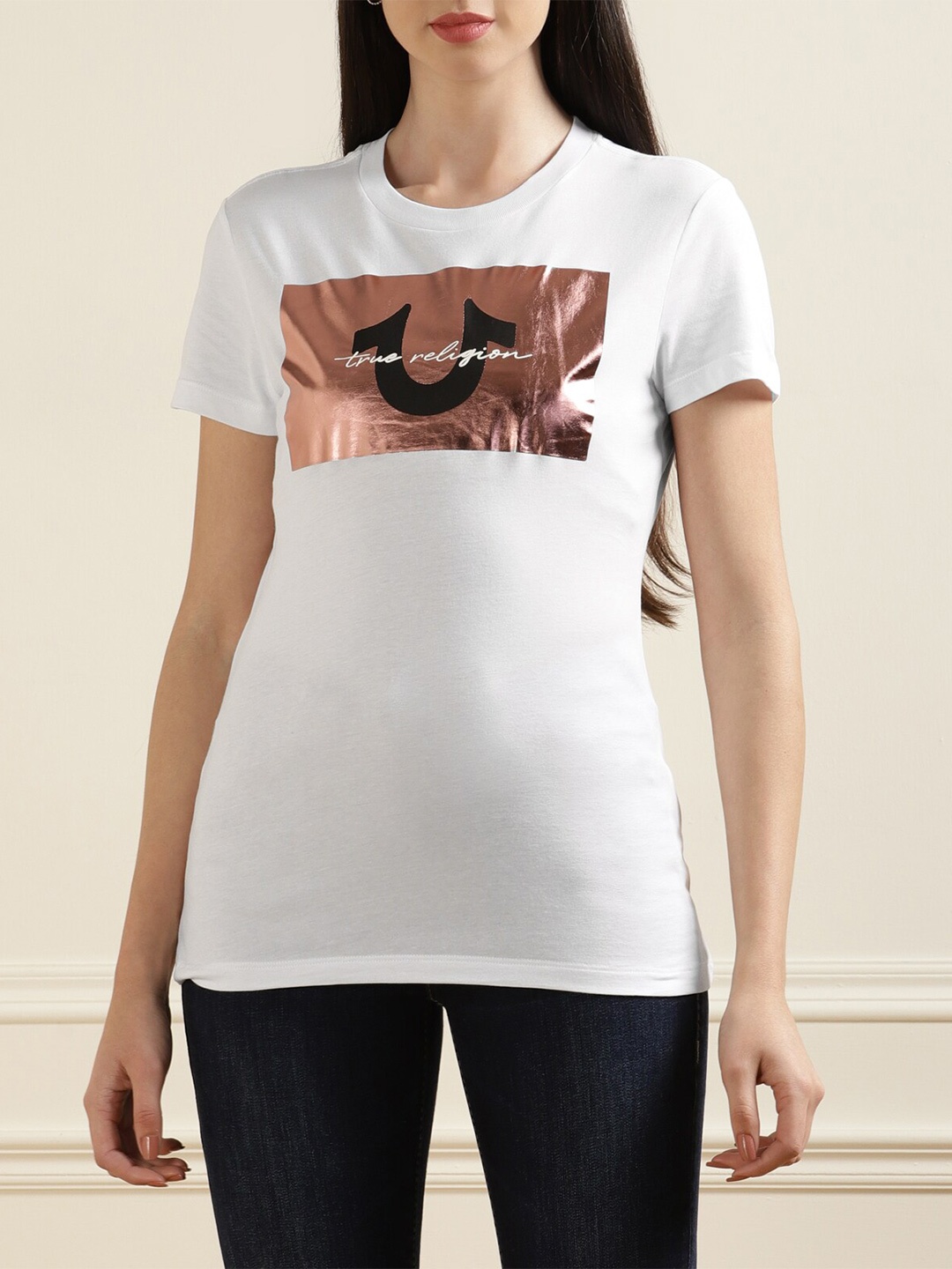 

True Religion Women White & Dusty Pink Pure Cotton Brand Logo Printed Tshirt