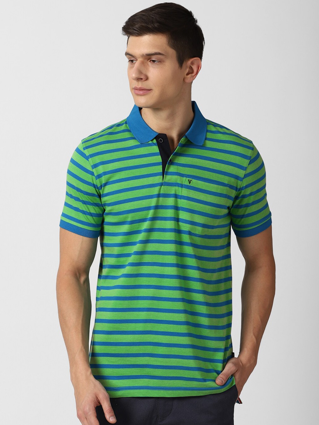 

Van Heusen Sport Men Green & Blue Striped Polo Collar Pure Cotton T-shirt