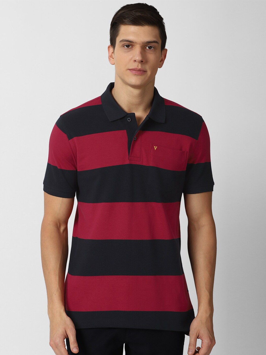 

Van Heusen Sport Men Maroon & Black Striped Polo Collar Pure Cotton T-shirt