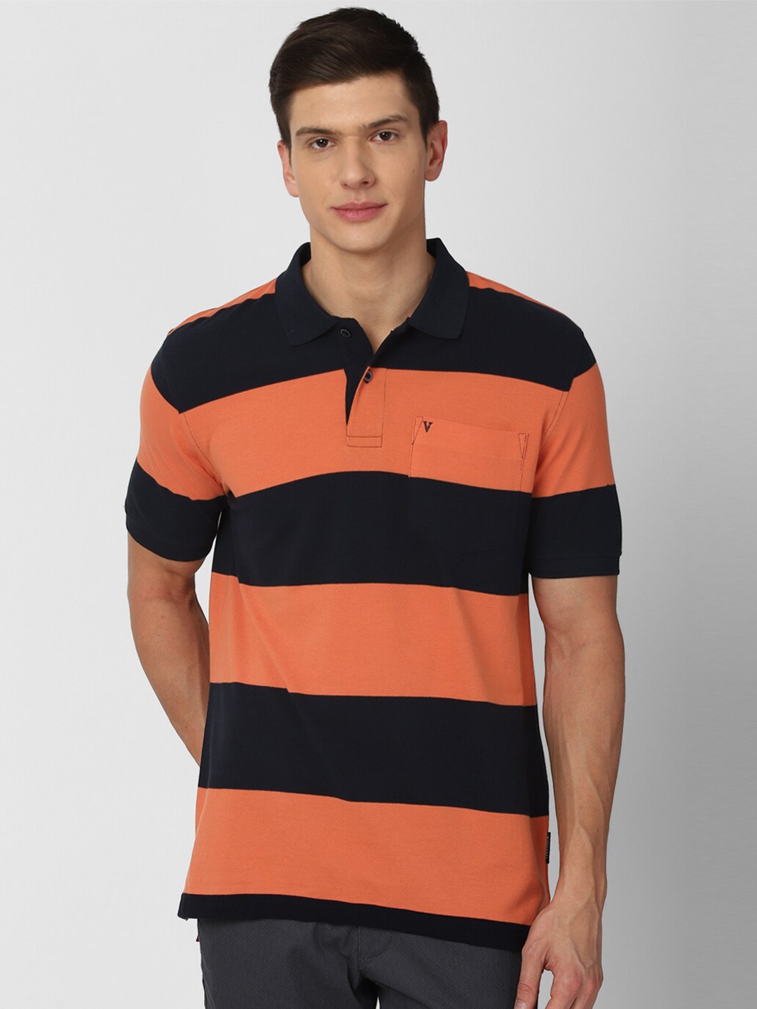 

Van Heusen Sport Men Orange & Black Striped Polo Collar Cotton T-shirt