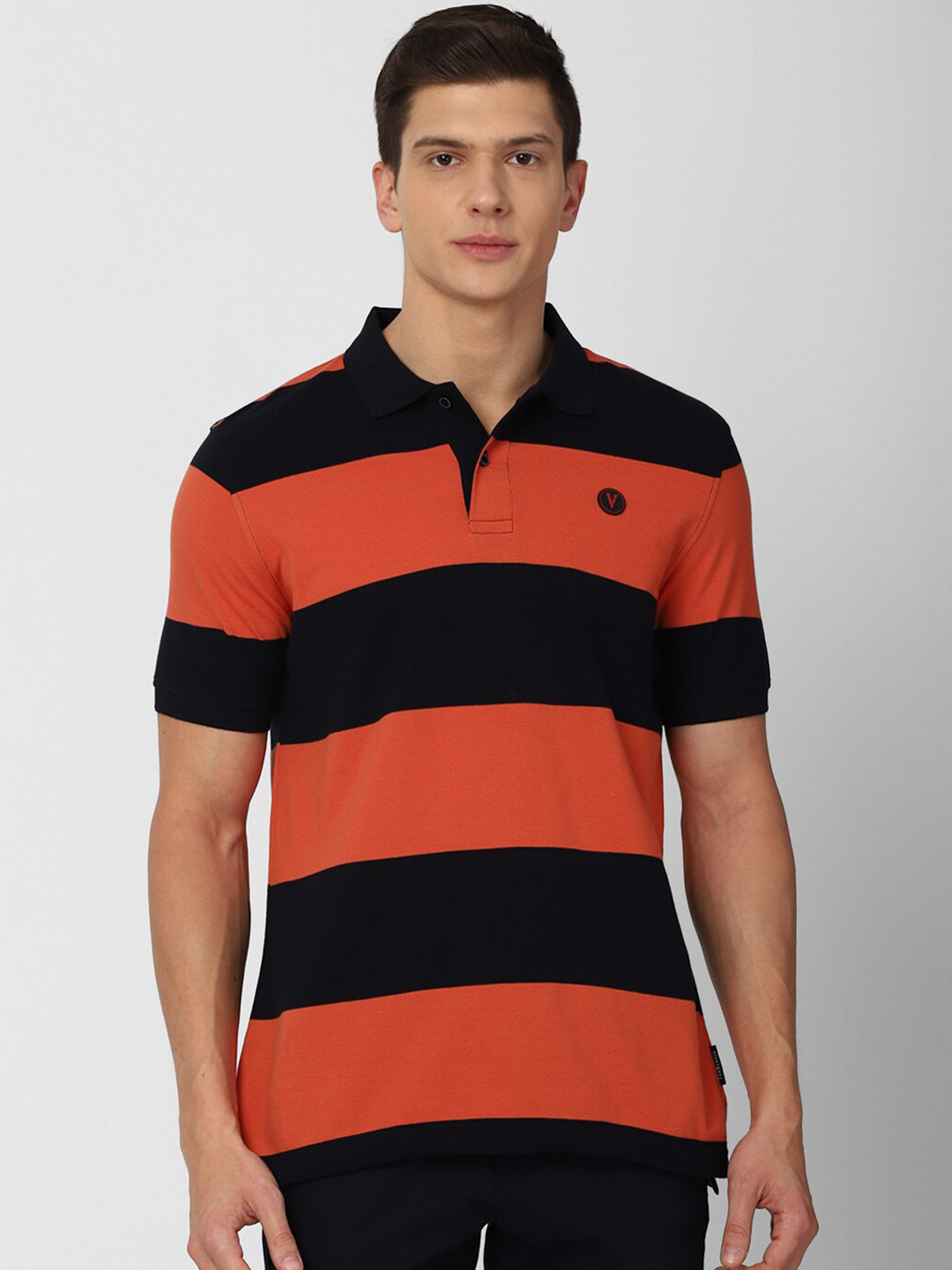 

Van Heusen Sport Men Orange & Black Striped Polo Collar T-shirt