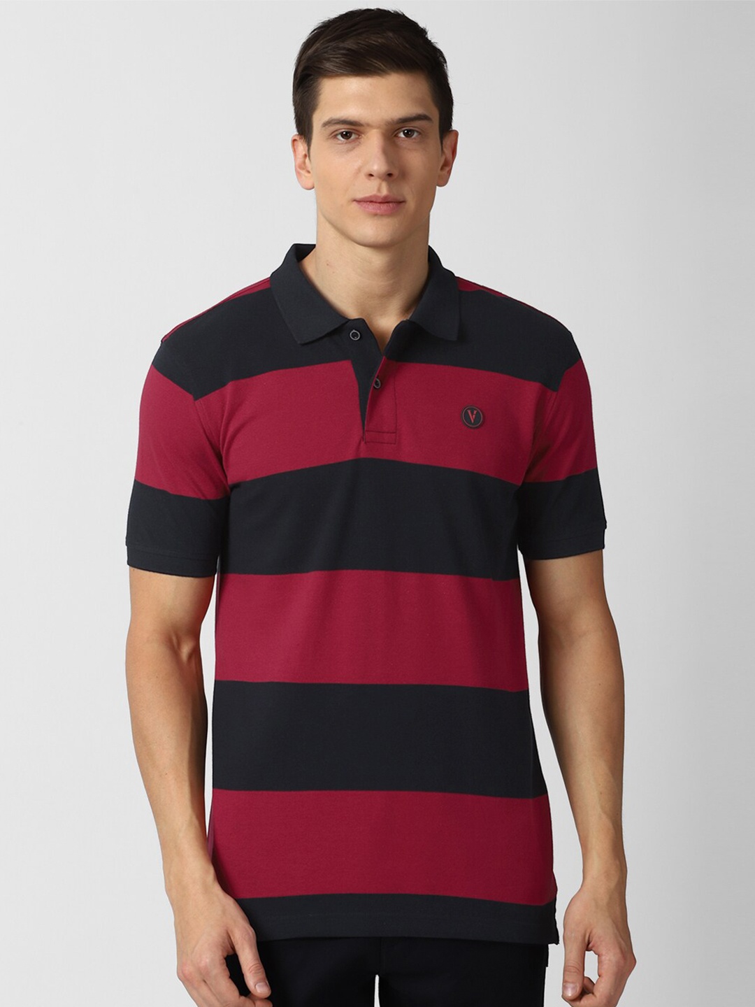 

Van Heusen Sport Men Pink & Black Striped Polo Collar Applique Pure Cotton T-shirt