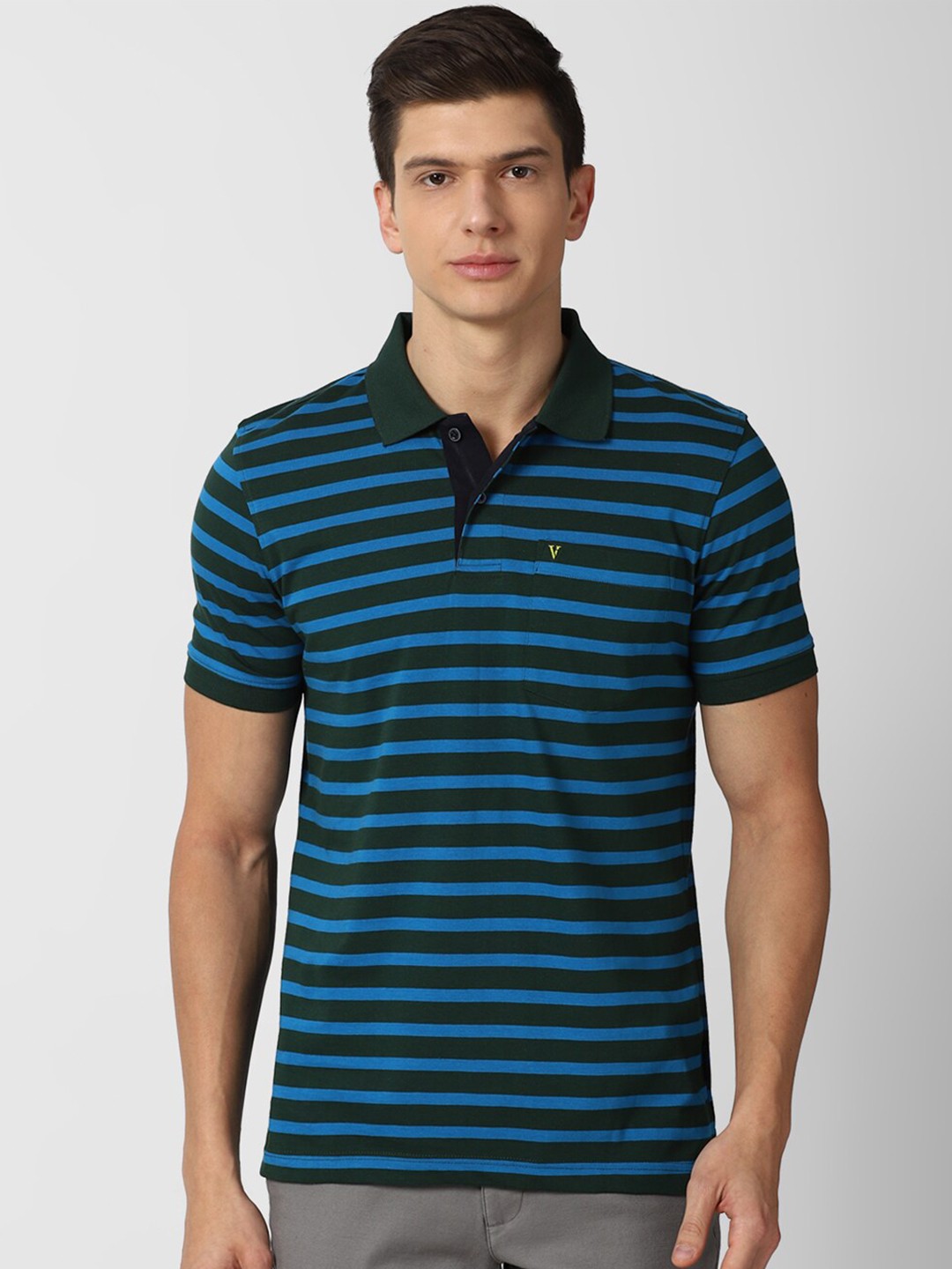 

Van Heusen Sport Men Blue & Black Striped Polo Collar Pure Cotton T-shirt