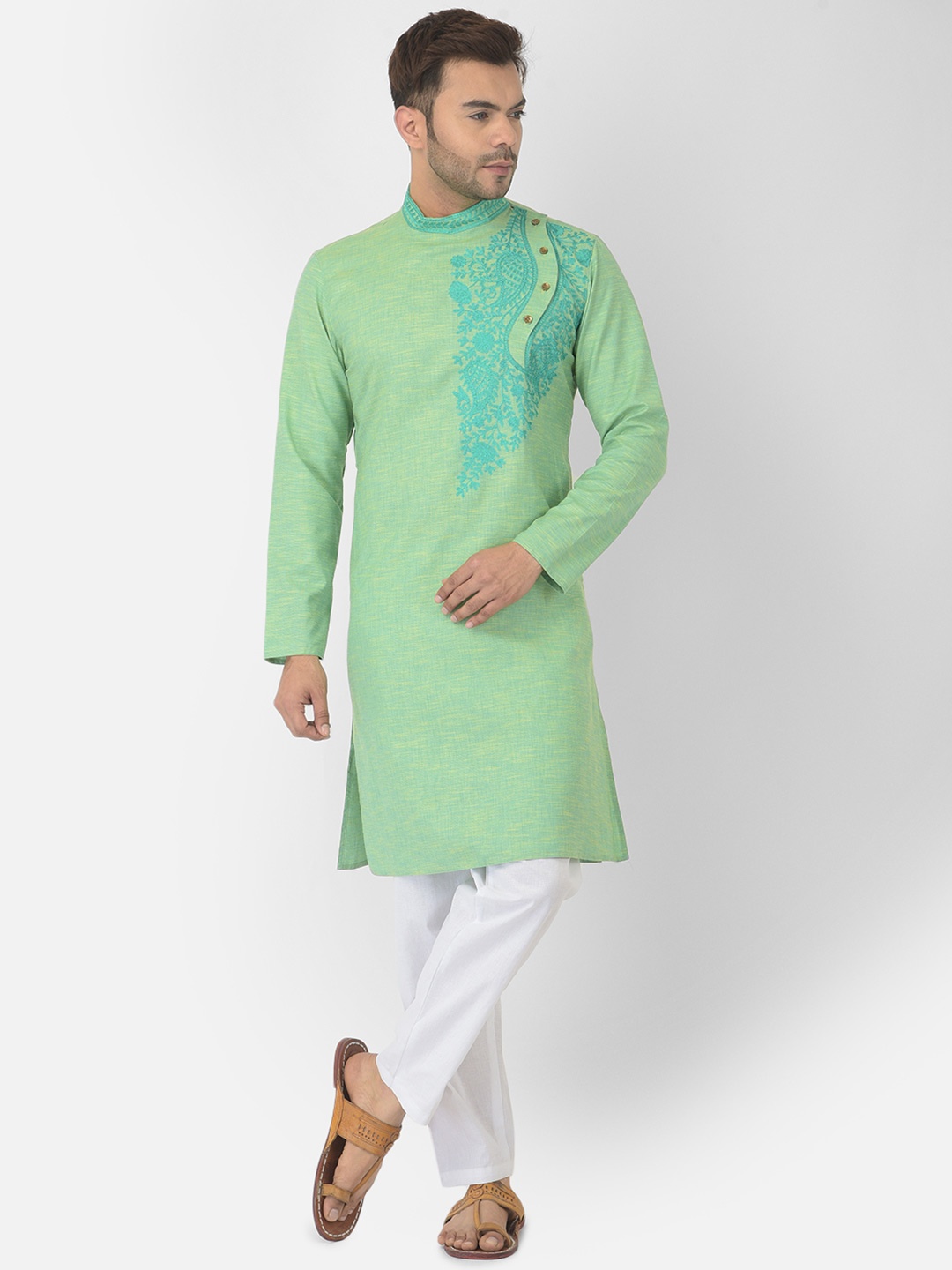 

DEYANN Men Green Angrakha Pure Cotton Kurta with Pyjamas
