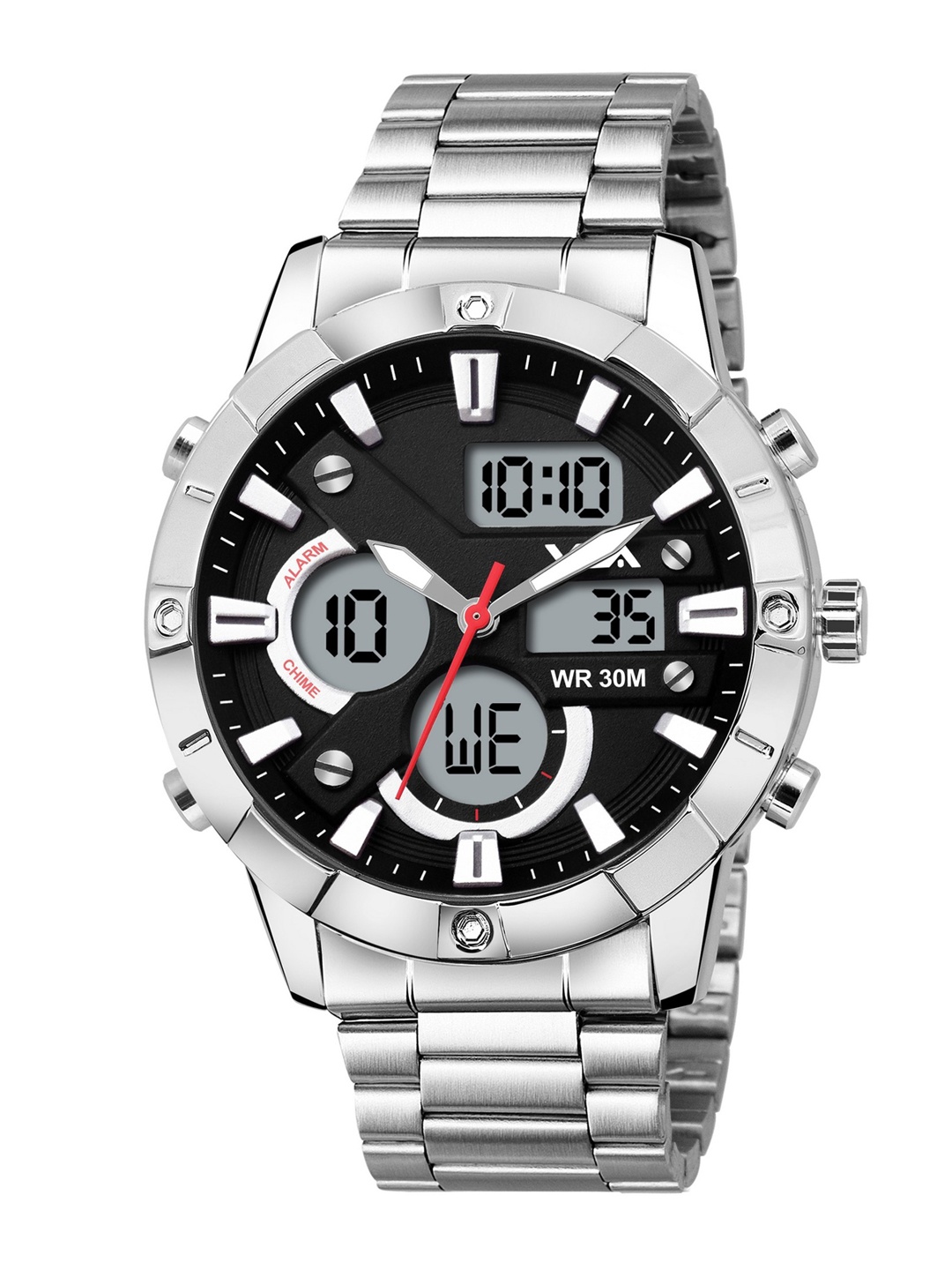 

V2A Men Black Dial & Steel Toned Stainless Steel Bracelet Style Straps Analogue and Digital Multi Function Watch V2A-OT-1811-Silver-Blk-Silver-Black