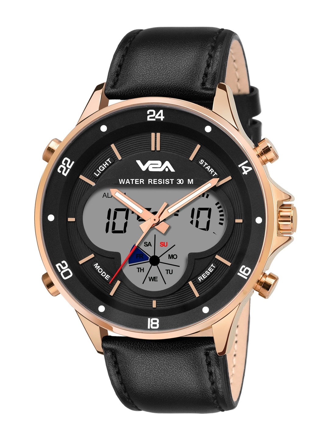 

V2A Men Rose Gold-Toned Dial & Black Leather Straps Analogue and Digital Multi Function Watch